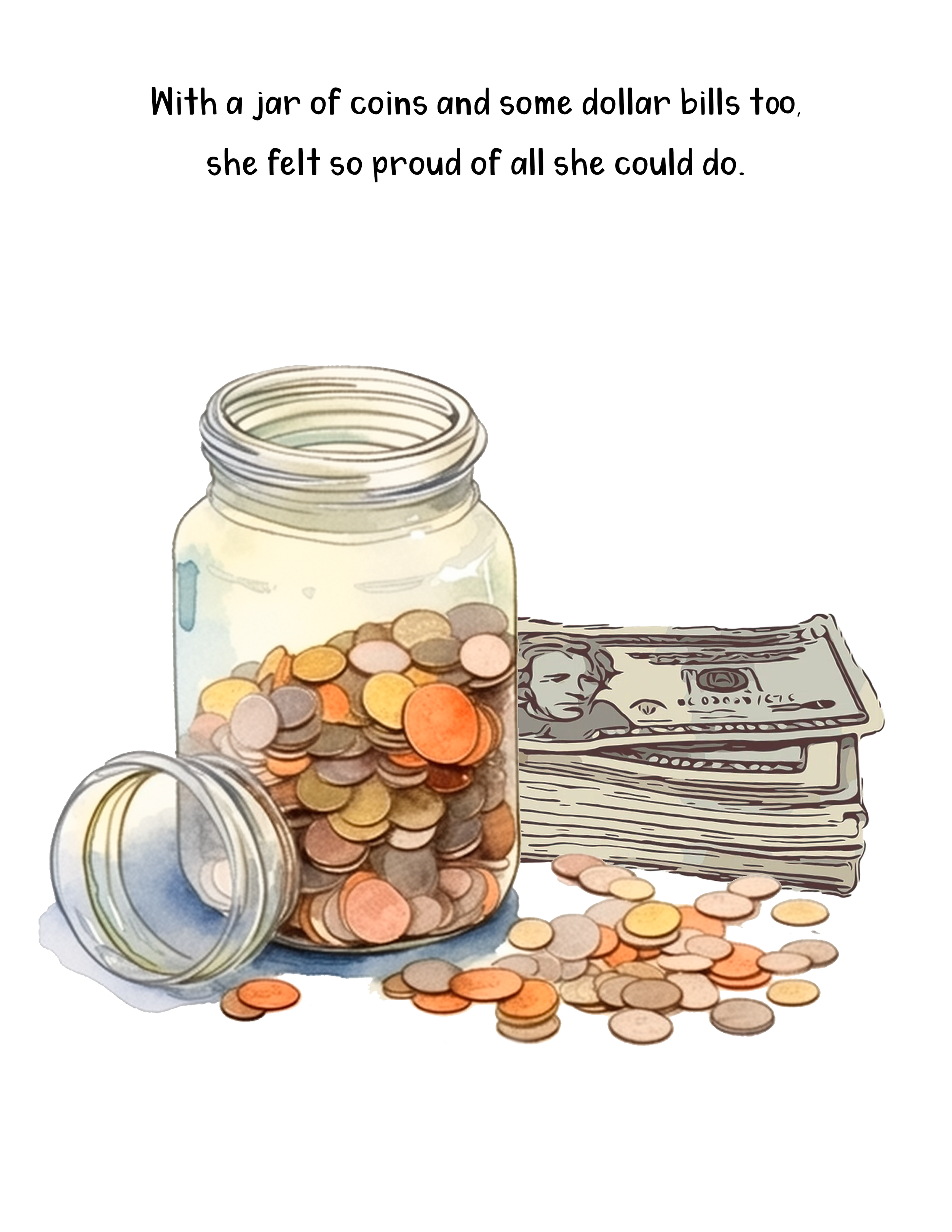 A glass jar filled with assorted coins, with some coins spilling onto a surface next to a rolled-up dollar bill and a stack of paper money.