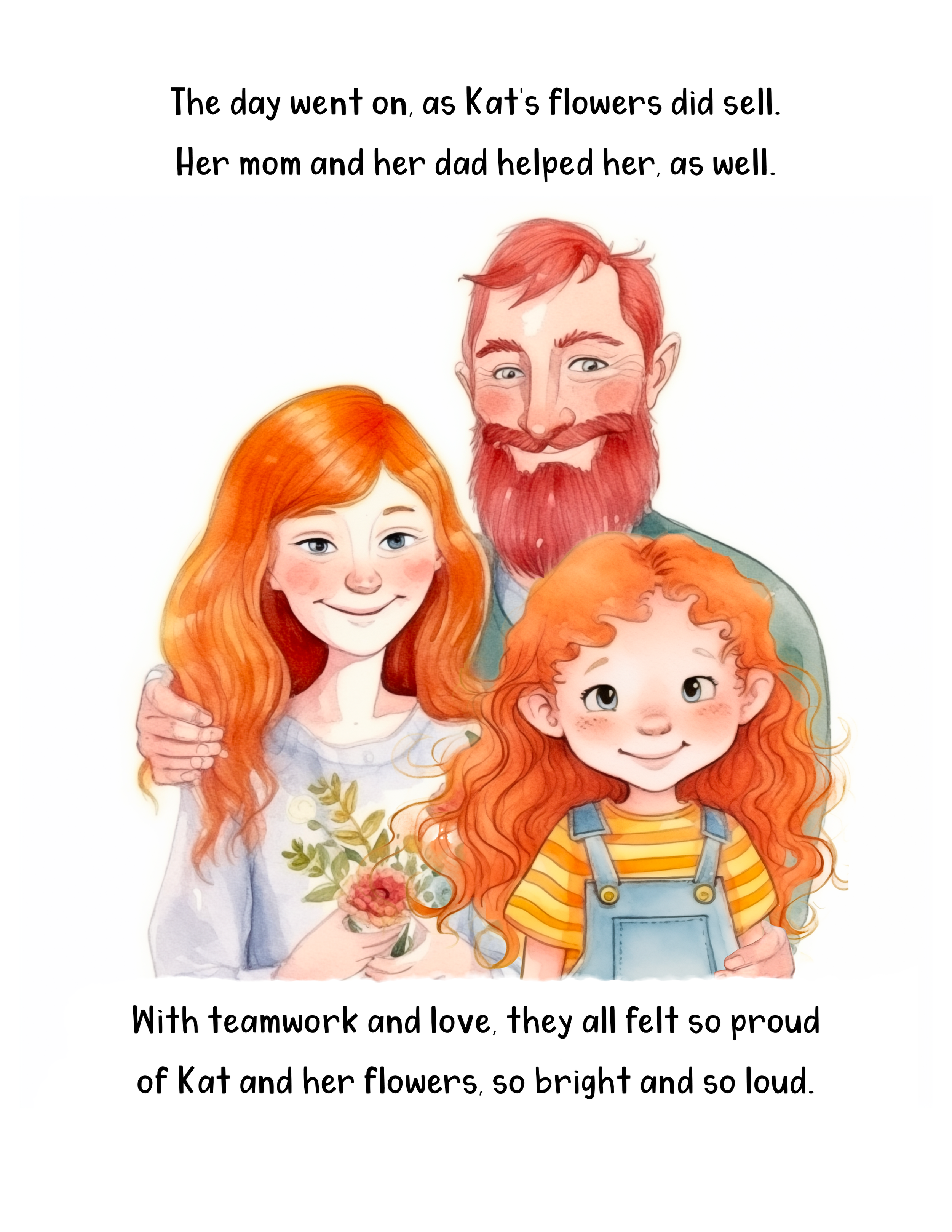A family of four with red hair, smiling and hugging each other. The little girl in front is holding a bouquet of flowers. The family appears happy and close-knit.