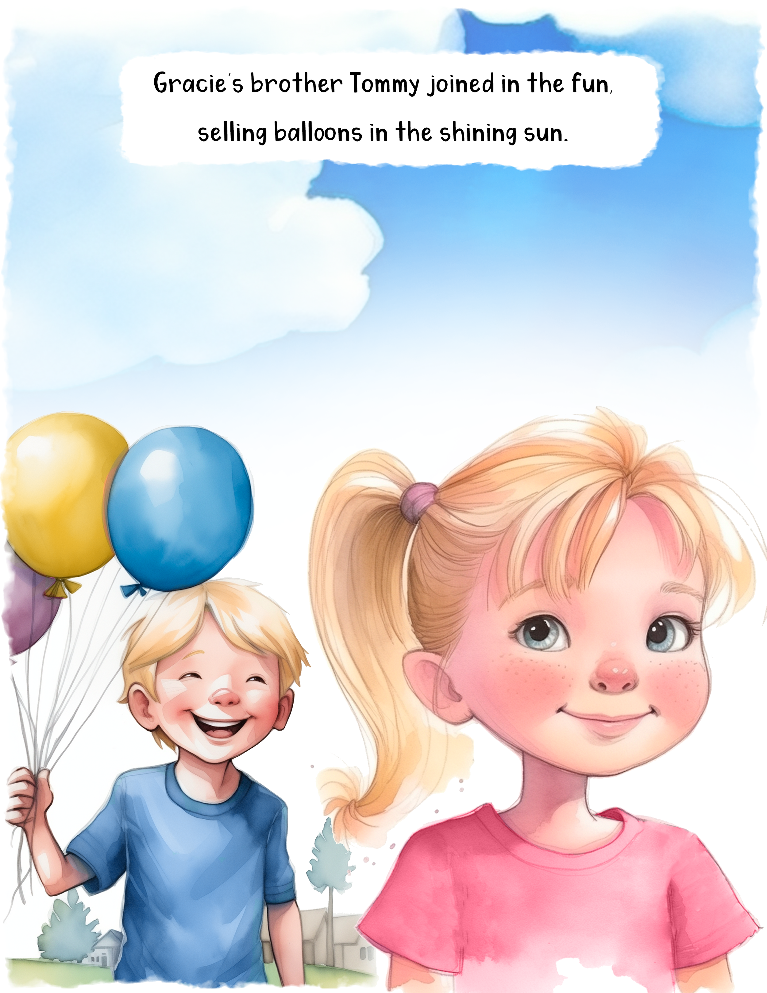 Two children, a boy and a girl, are smiling and playing outdoors. The boy is holding a bunch of colorful balloons, and the girl has her hair in pigtails. There are houses and trees in the background, and the sky is partly cloudy.