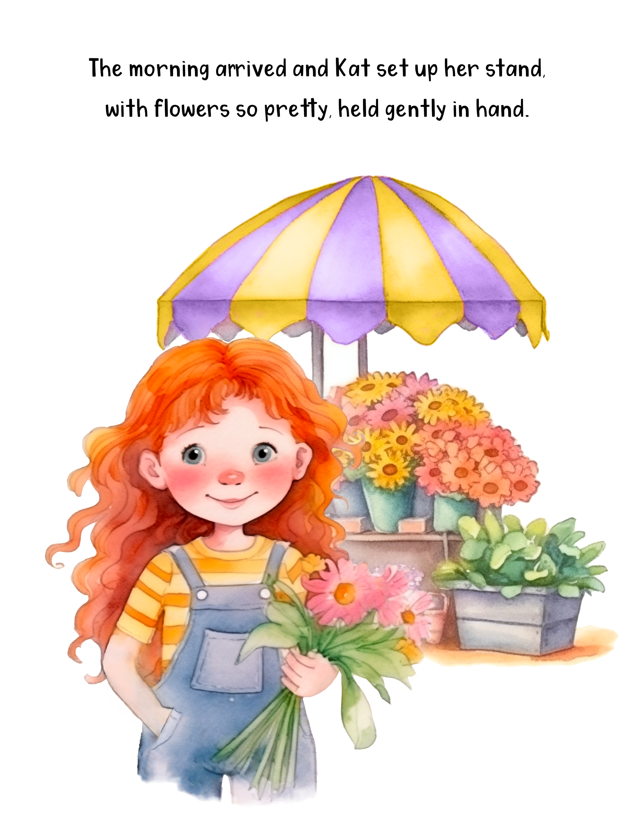 A watercolor illustration of a young red-haired girl with blue eyes holding a bouquet of pink flowers. She is wearing a yellow and orange striped shirt under denim overalls. In the background, there is a large potted plant with pink flowers, and a ye