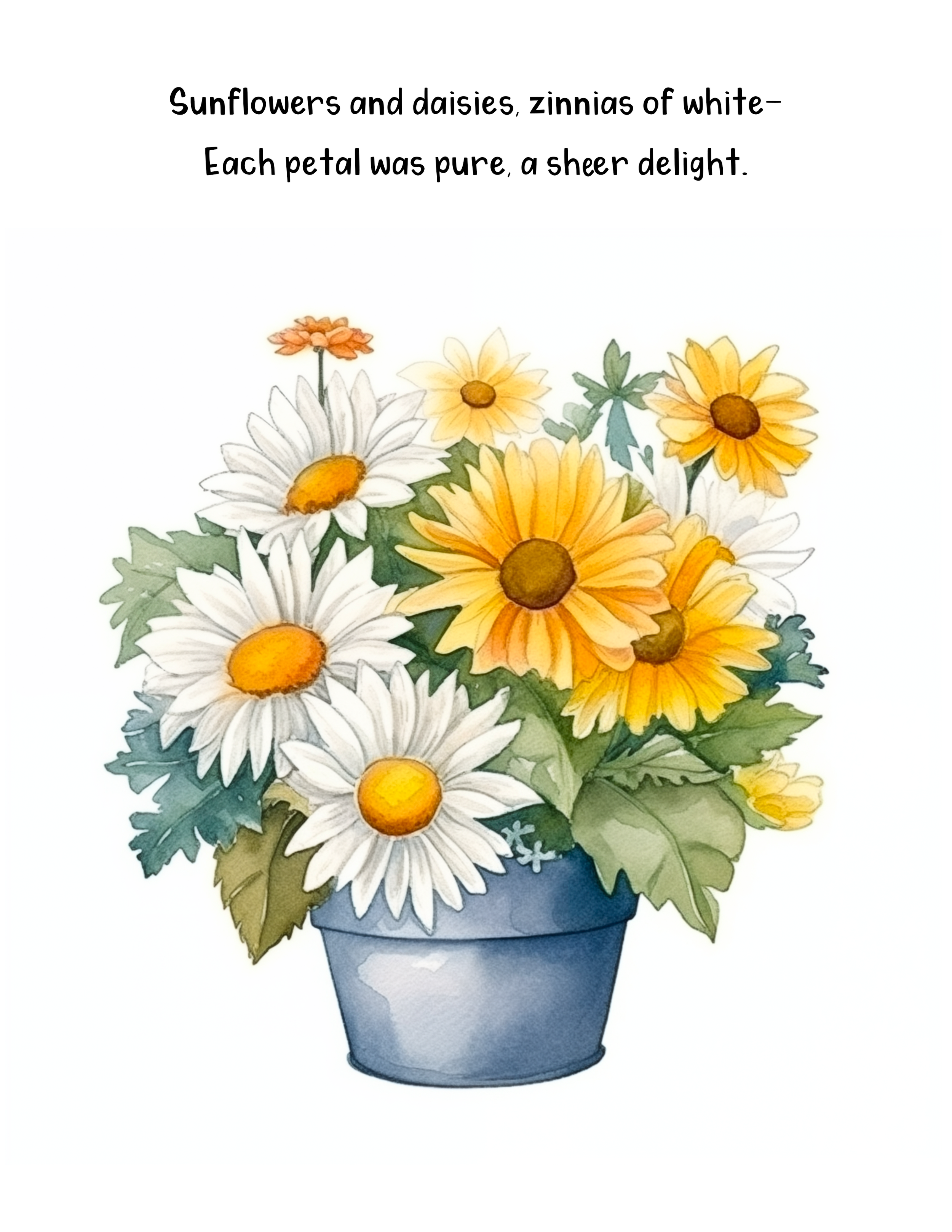 Watercolor illustration of a potted flower bouquet with daisies and yellow flowers, with a poem about white daisies at the top.