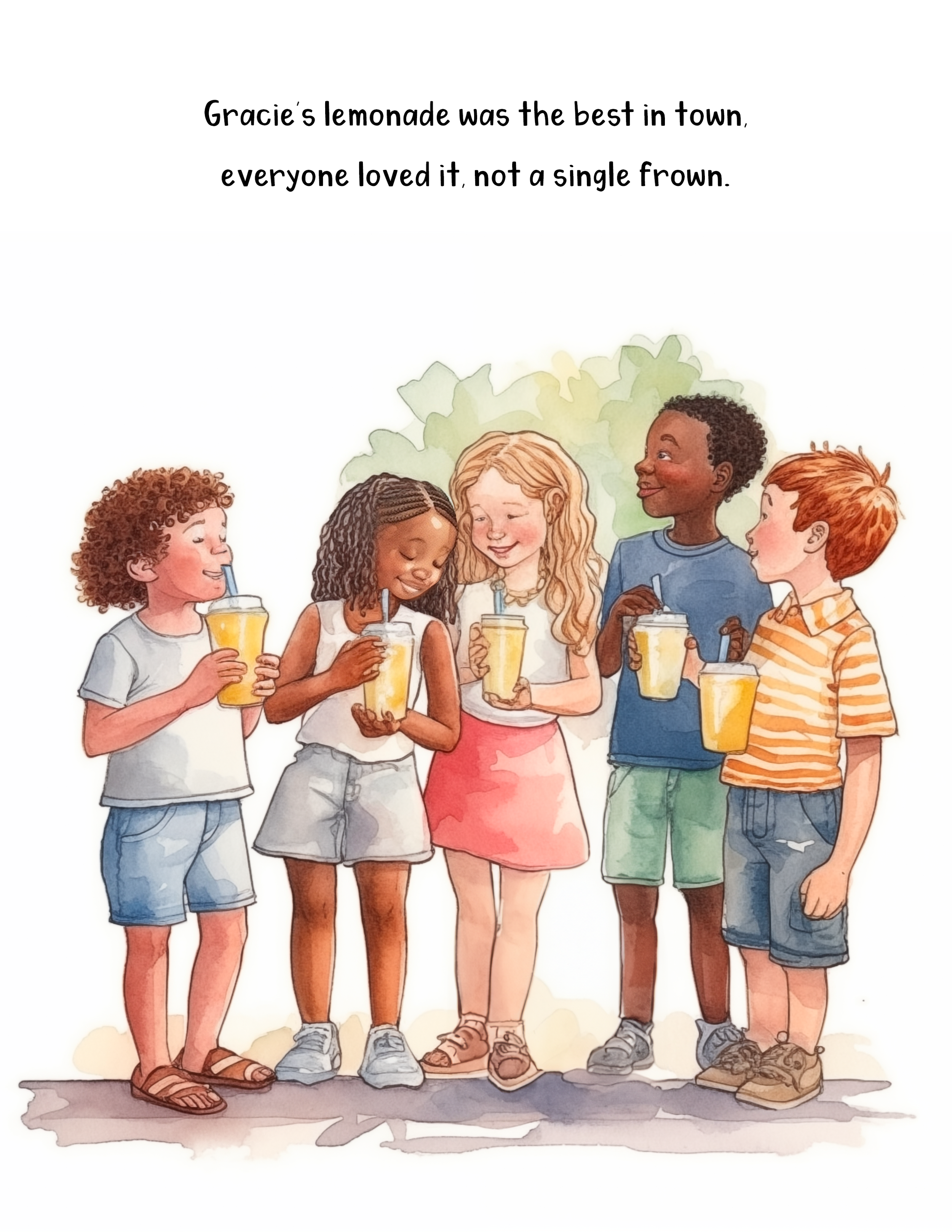 A group of five children standing together, smiling and holding glasses of lemonade, outdoors with trees in the background.