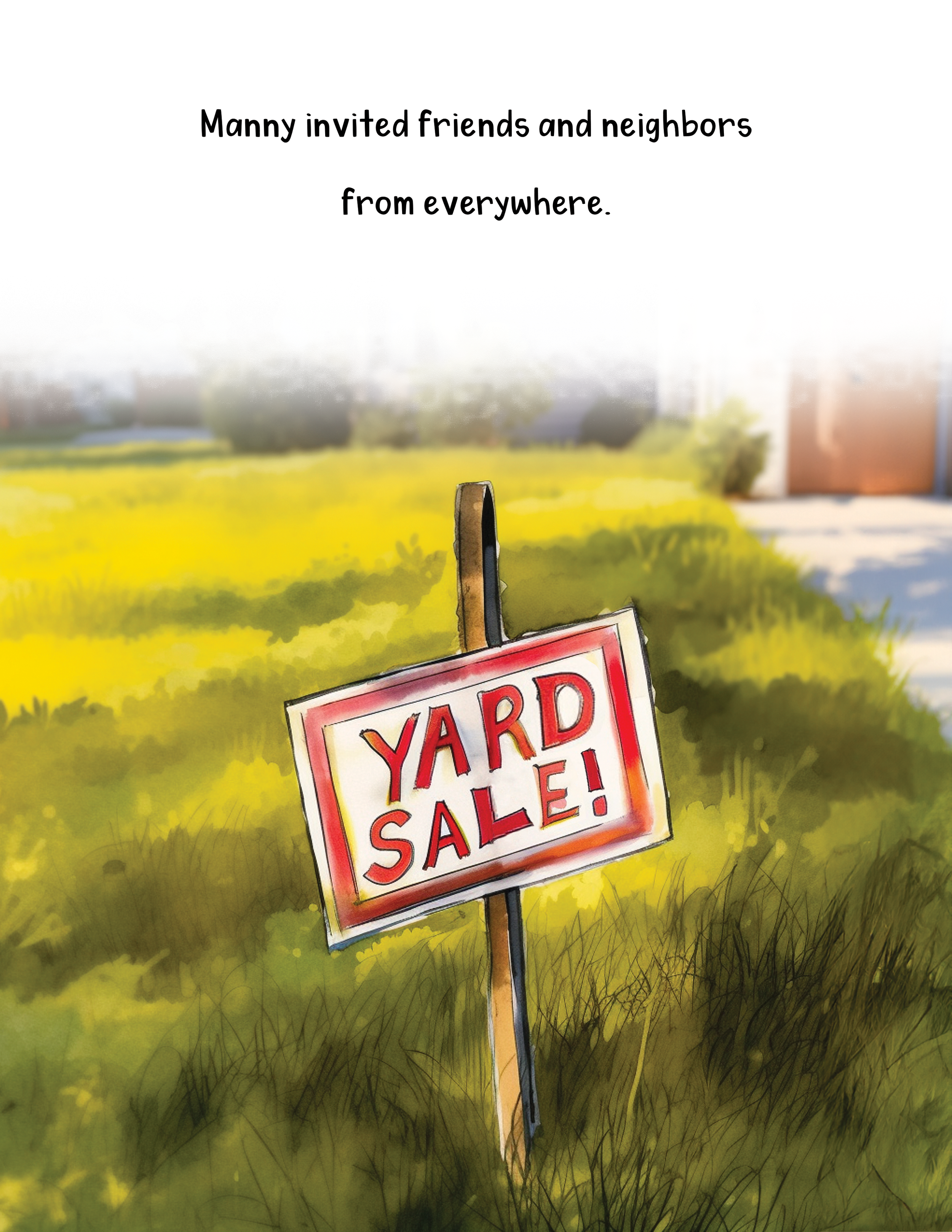 A yard sign with a 'YARD SALE' message in red and white, placed by a wooden stake in a grassy area with a sidewalk and houses in the background.