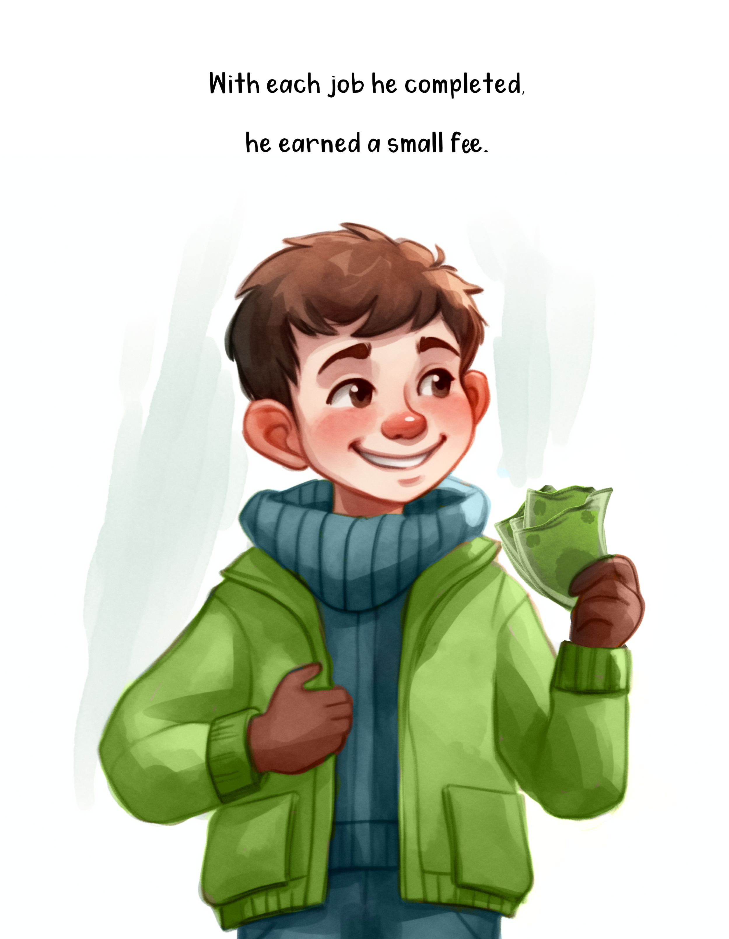 A cartoon boy with brown hair, wearing a green jacket and a blue scarf, smiling and holding cash.