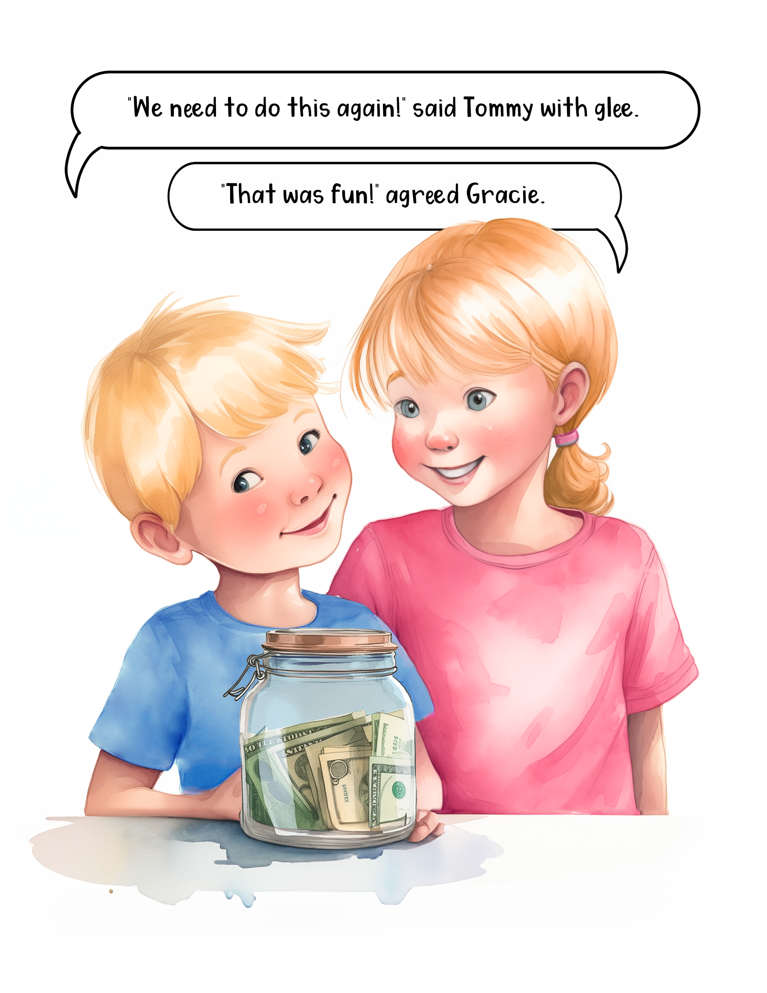 Two young children, a boy and a girl, with blonde hair and blue eyes, standing behind a glass jar filled with dollar bills. The boy is wearing a blue shirt and holds the jar, while the girl in a pink shirt smiles at him. They are engaged in a convers