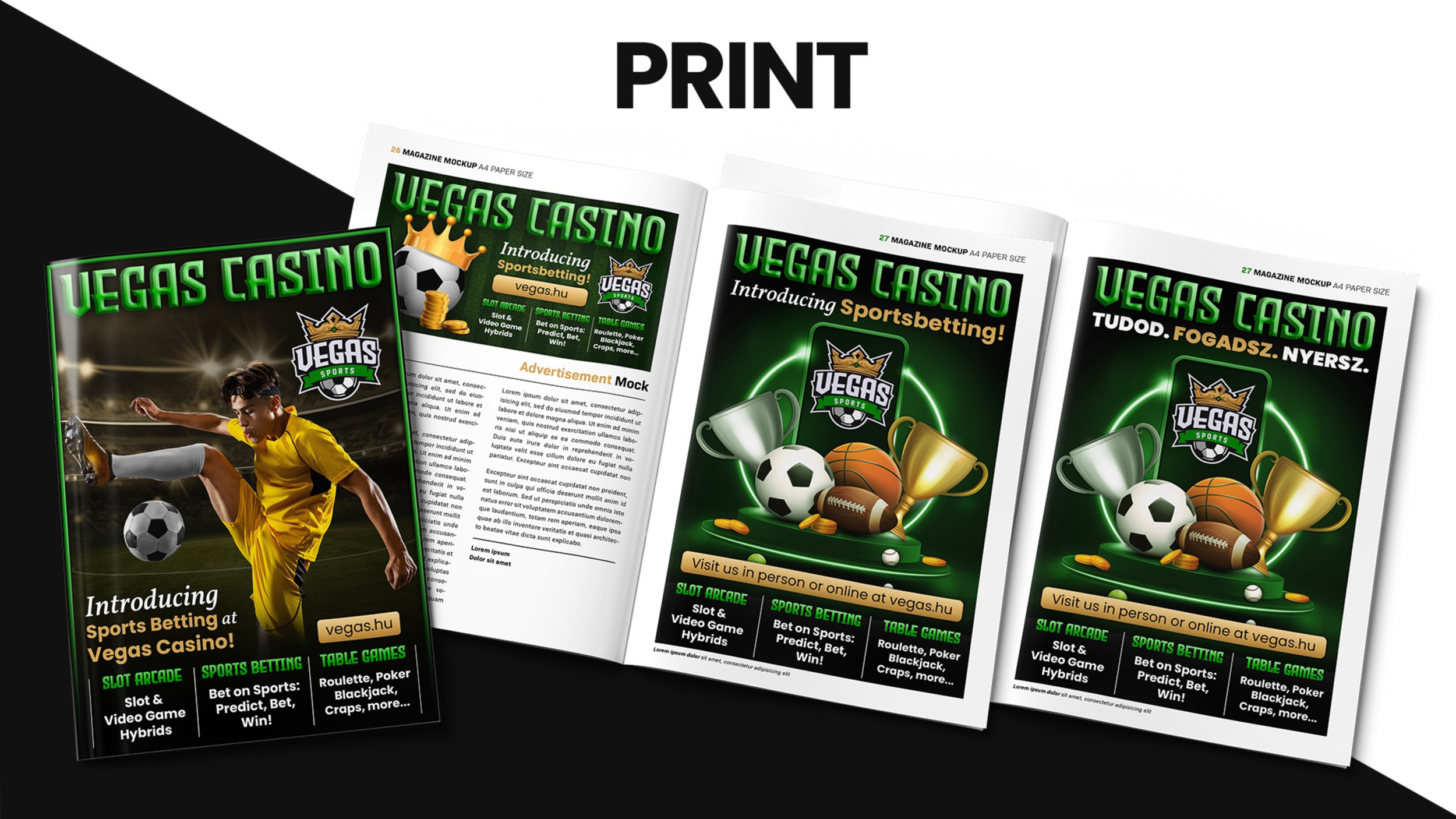 Mockup of Vegas Casino promotional flyer featuring sports betting, slot arcade, and table games, with images of trophies, soccer balls, and sports equipment.