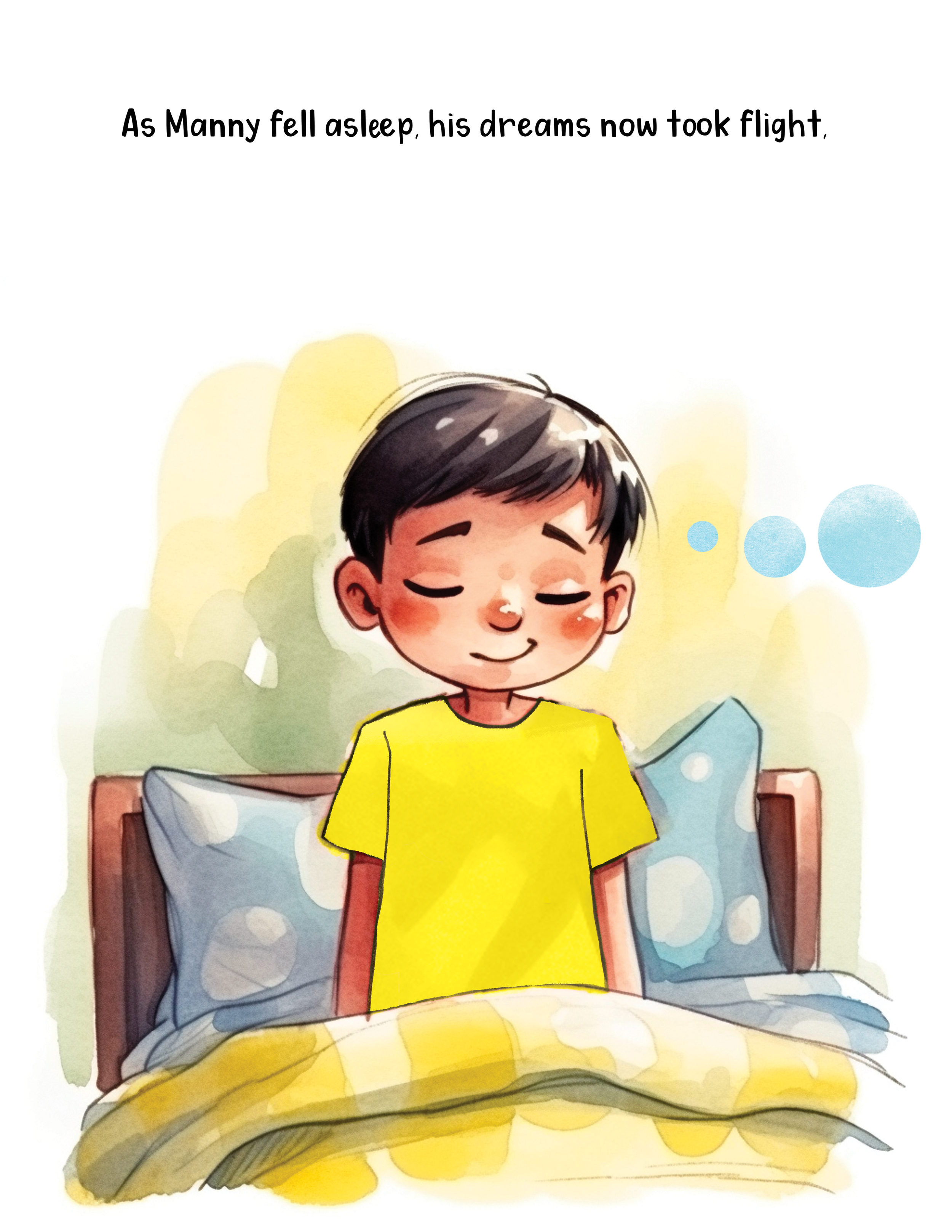 A digital illustration of a young boy with dark hair, wearing a yellow shirt, sitting on a bed with a yellow blanket. The boy has closed eyes and a content smile, with a background of a light green wall and a patterned pillow featuring blue polka dot