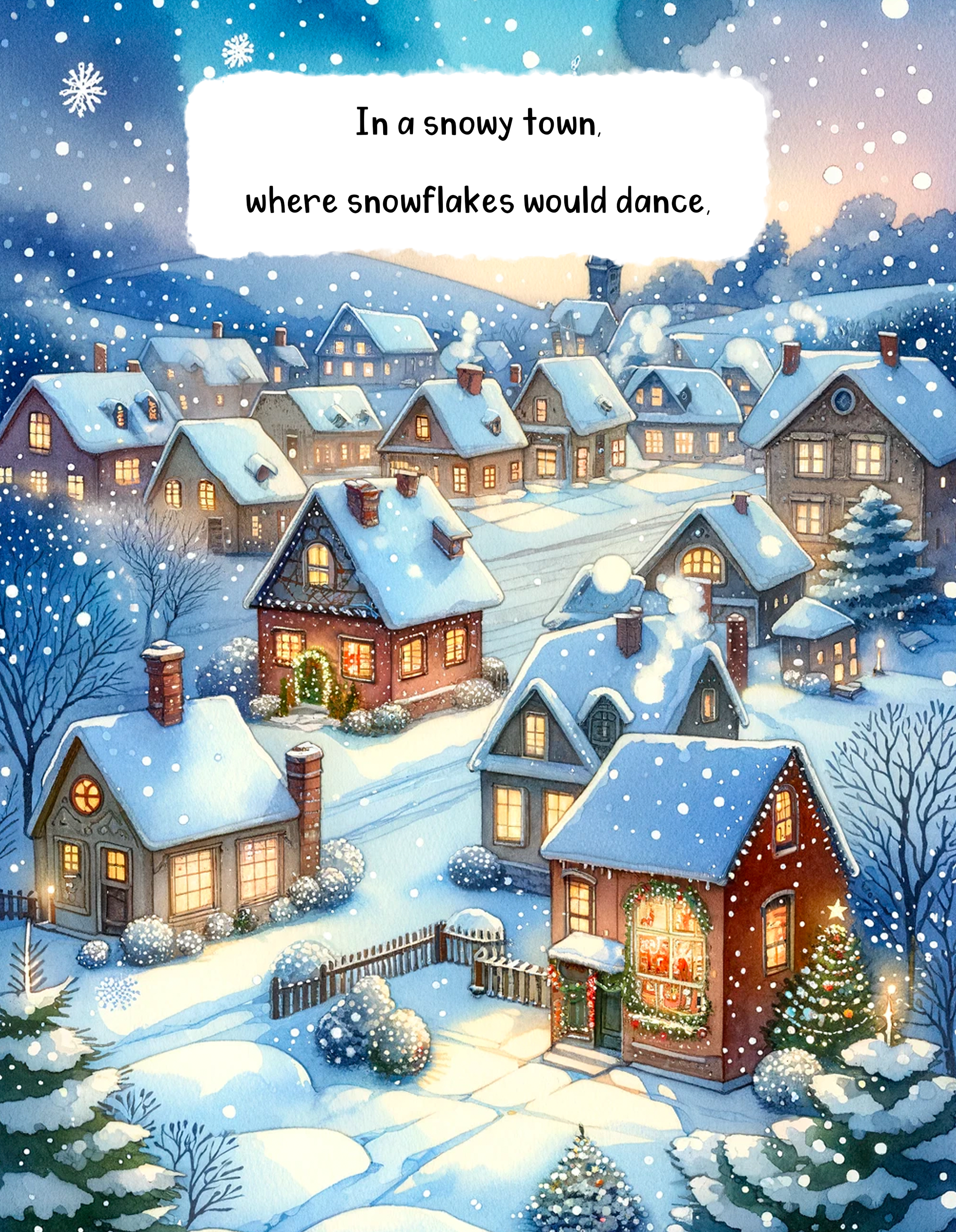A cozy, snow-covered village at dusk decorated for Christmas, with glowing windows, twinkling lights, and a Christmas tree outside a house, surrounded by snow and trees, with snowfall and a pastel-colored sky in the background.