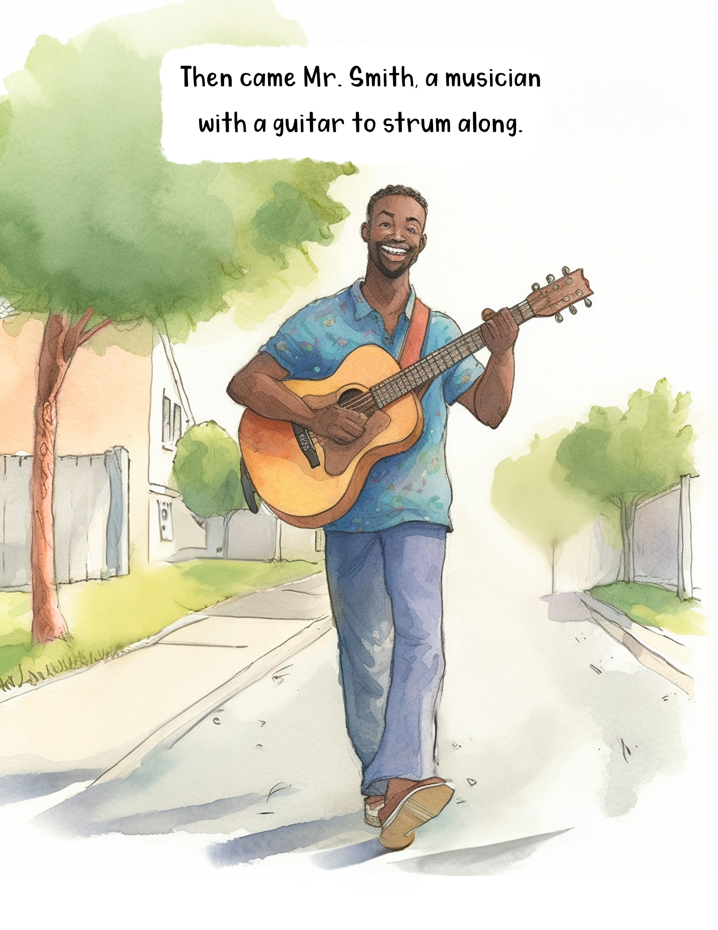 A watercolor illustration of a man walking on a sidewalk while playing an acoustic guitar. He is smiling, wearing a blue patterned shirt, jeans, and sandals, with trees and houses in the background.