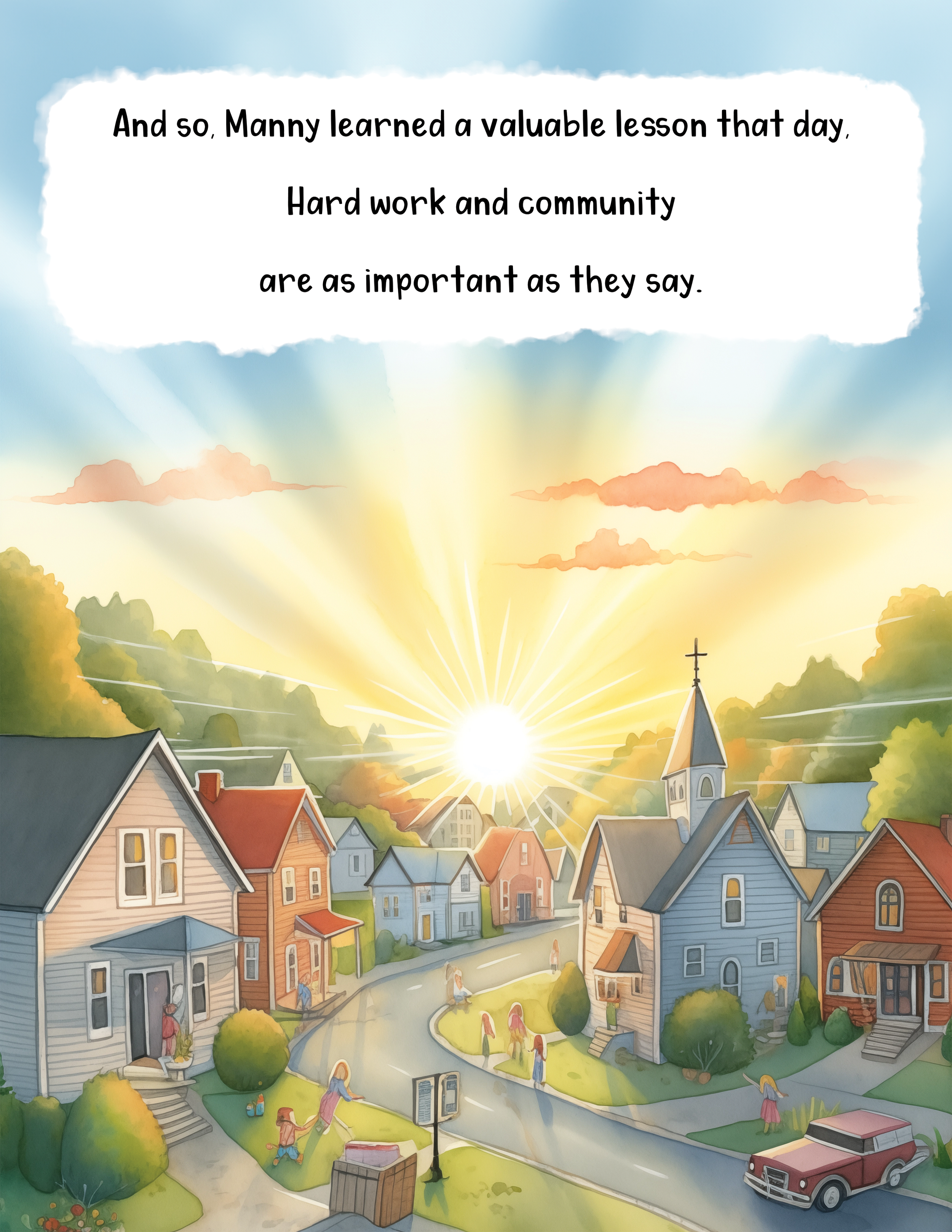 A colorful illustration of a small town with houses, trees, and a church under a sunrise or sunset sky with clouds.