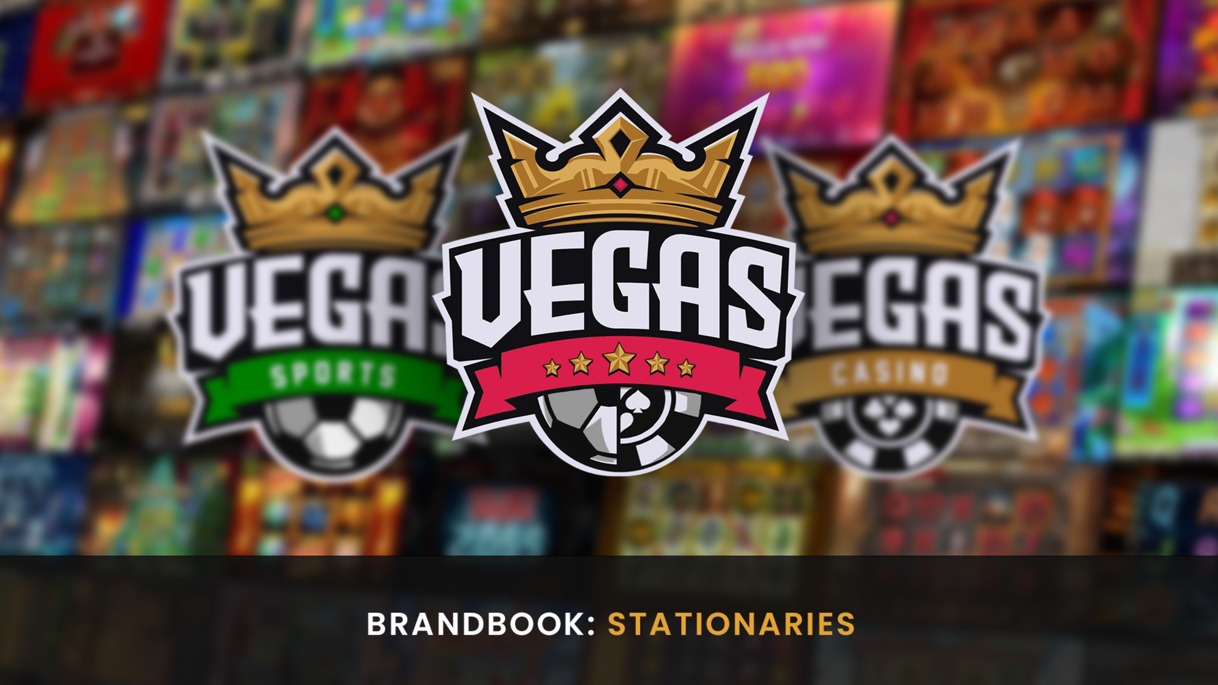 Logo of VegasEagles Sports and Casino with a crown and soccer ball, blurred background of colorful toys.
