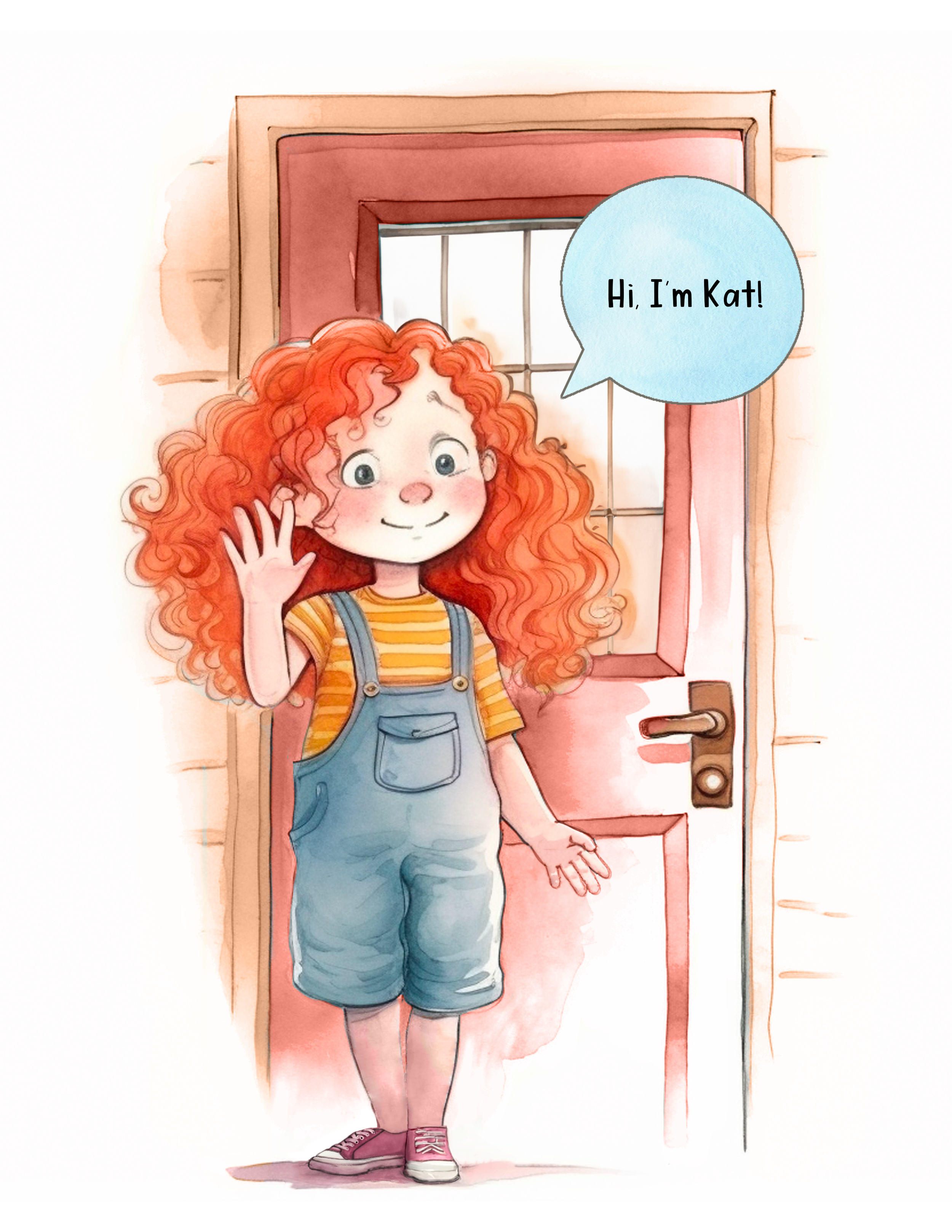 A young girl with long curly red hair wearing a yellow and white striped shirt, denim overalls, pink sneakers, standing in front of a door, waving and smiling, with a speech bubble that says "Hi, I'm Kat!"