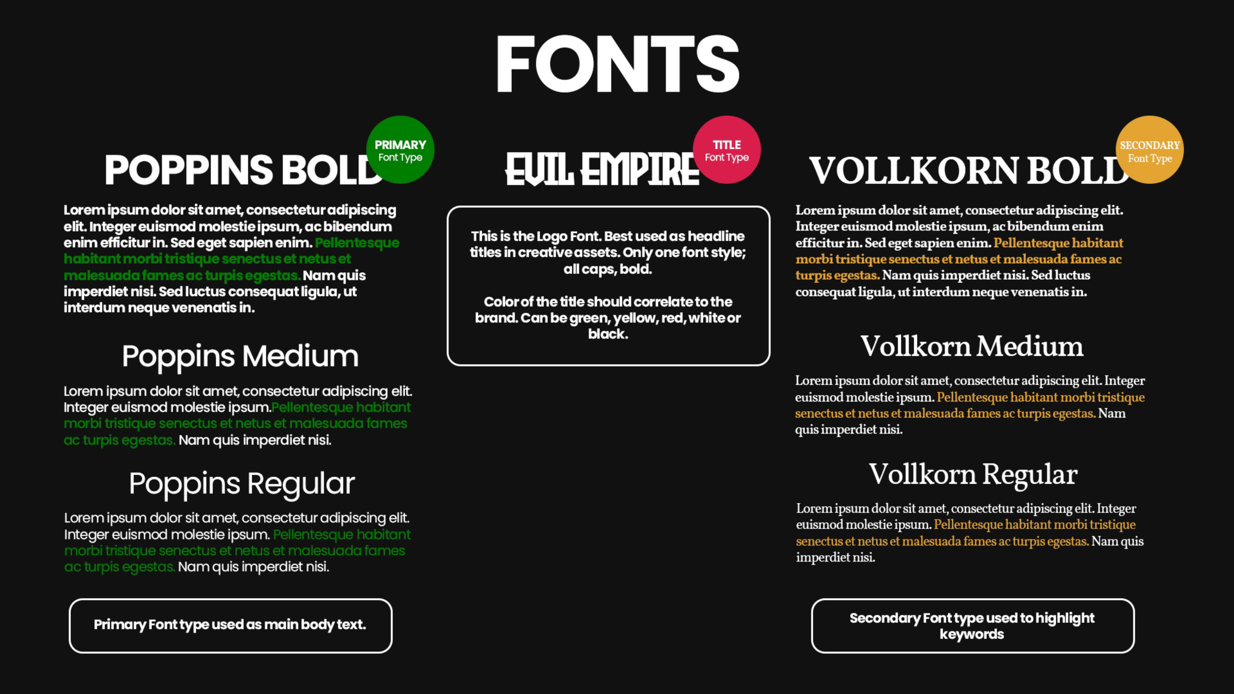 A digital infographic titled 'FONTS' displaying different font styles with color-coded labels. The styles include Poppins Bold, Poppins Medium, Poppins Regular, Title font in Evil Empire style, Vollkorn Bold, Vollkorn Medium, and Vollkorn Regular, each with sample text and descriptions about font usage.