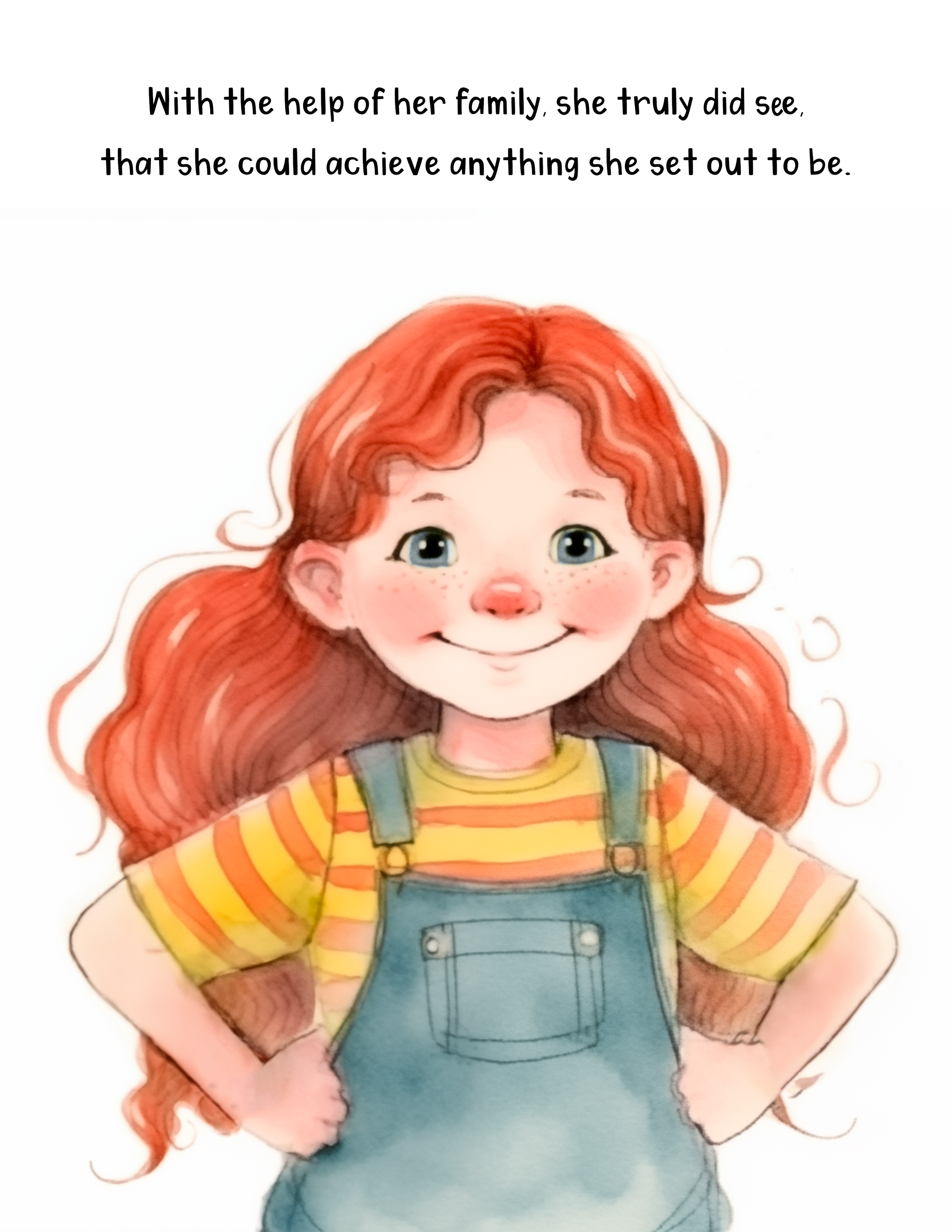 A smiling girl with red curly hair, blue eyes, and freckles, wearing a yellow and red striped long sleeve shirt and blue overalls.