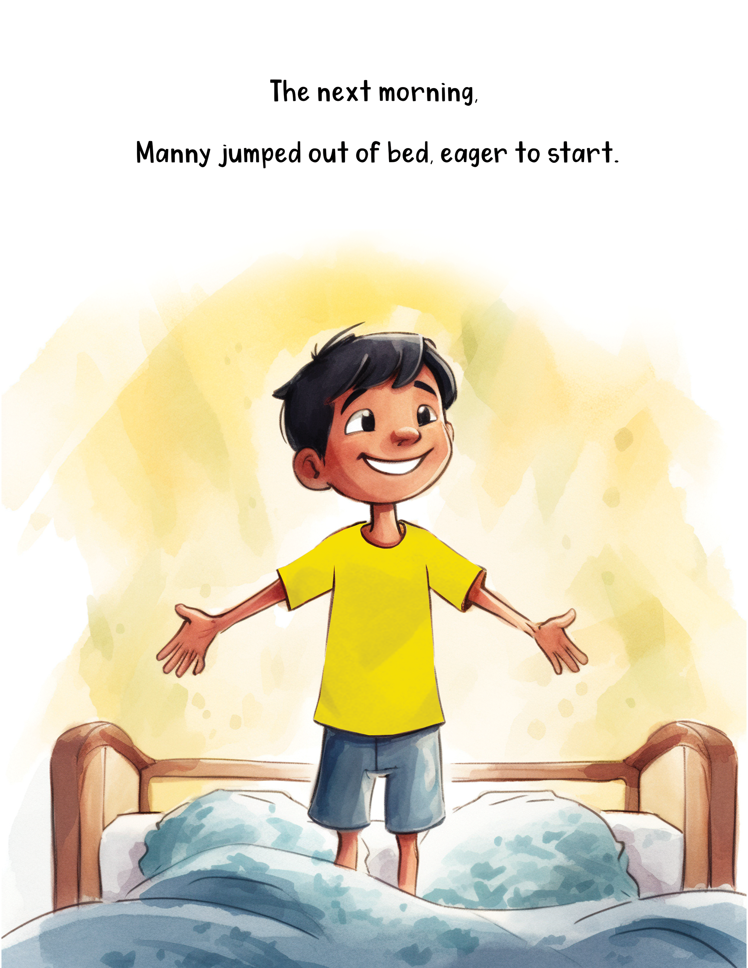A young boy with black hair, wearing a yellow t-shirt and blue shorts, stands with arms outstretched on a bed, smiling, in a cozy bedroom with a wooden bed frame and a blue bedspread.
