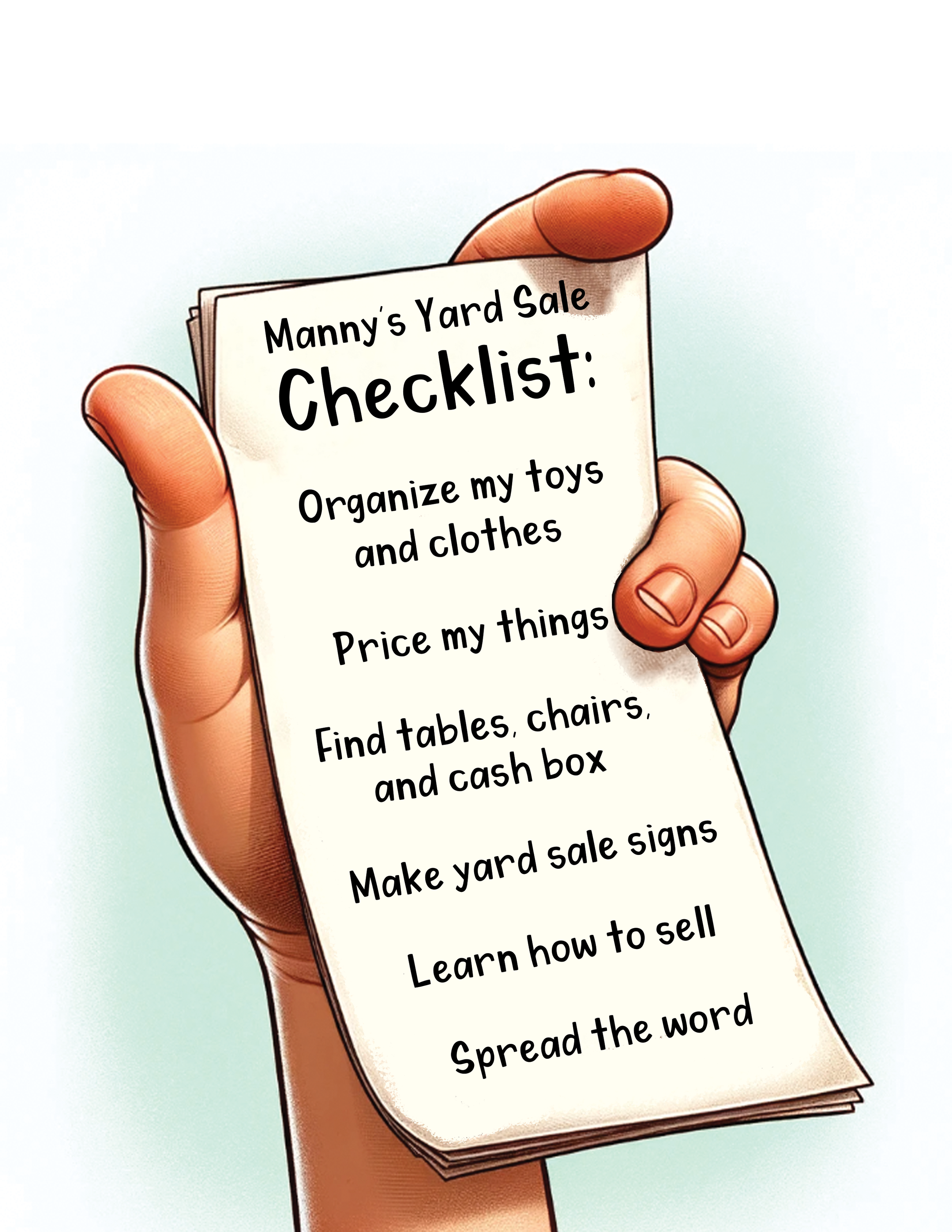 Hand holding a checklist titled "Manny's Yard Sale Checklist" with items listed such as organize toys and clothes, price items, find tables and chairs, make signs, learn how to sell, and spread the word.