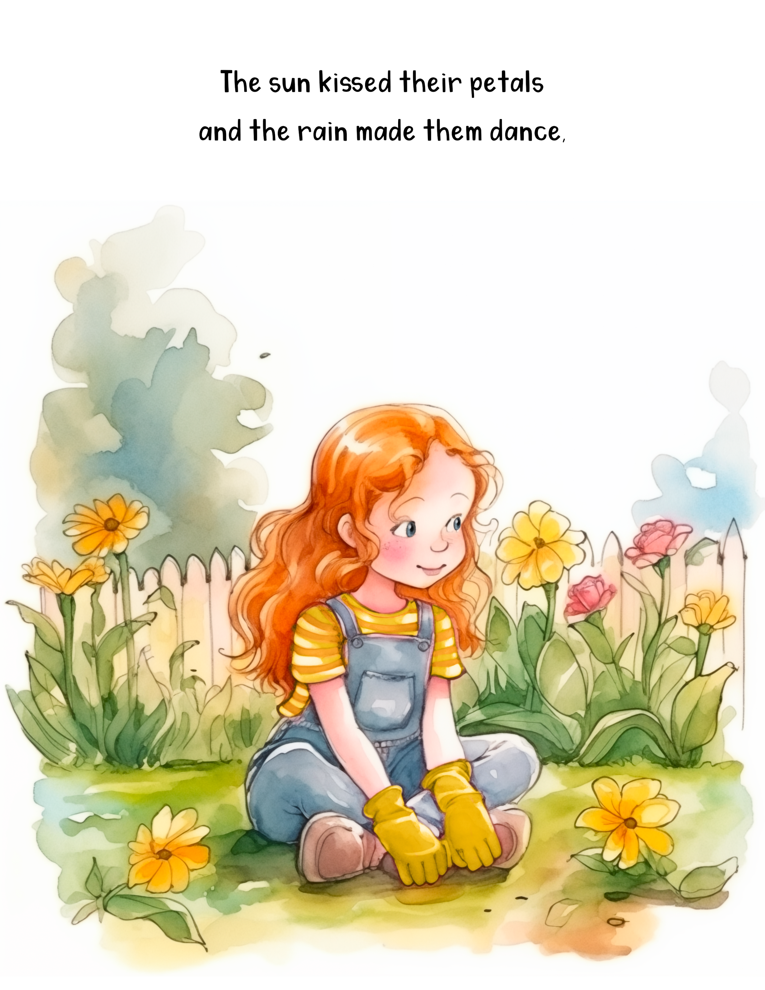 A young girl with red hair and blue eyes sitting in a garden with yellow and pink flowers, wearing yellow gloves, denim overalls, a yellow and black striped shirt, and smiling peacefully.