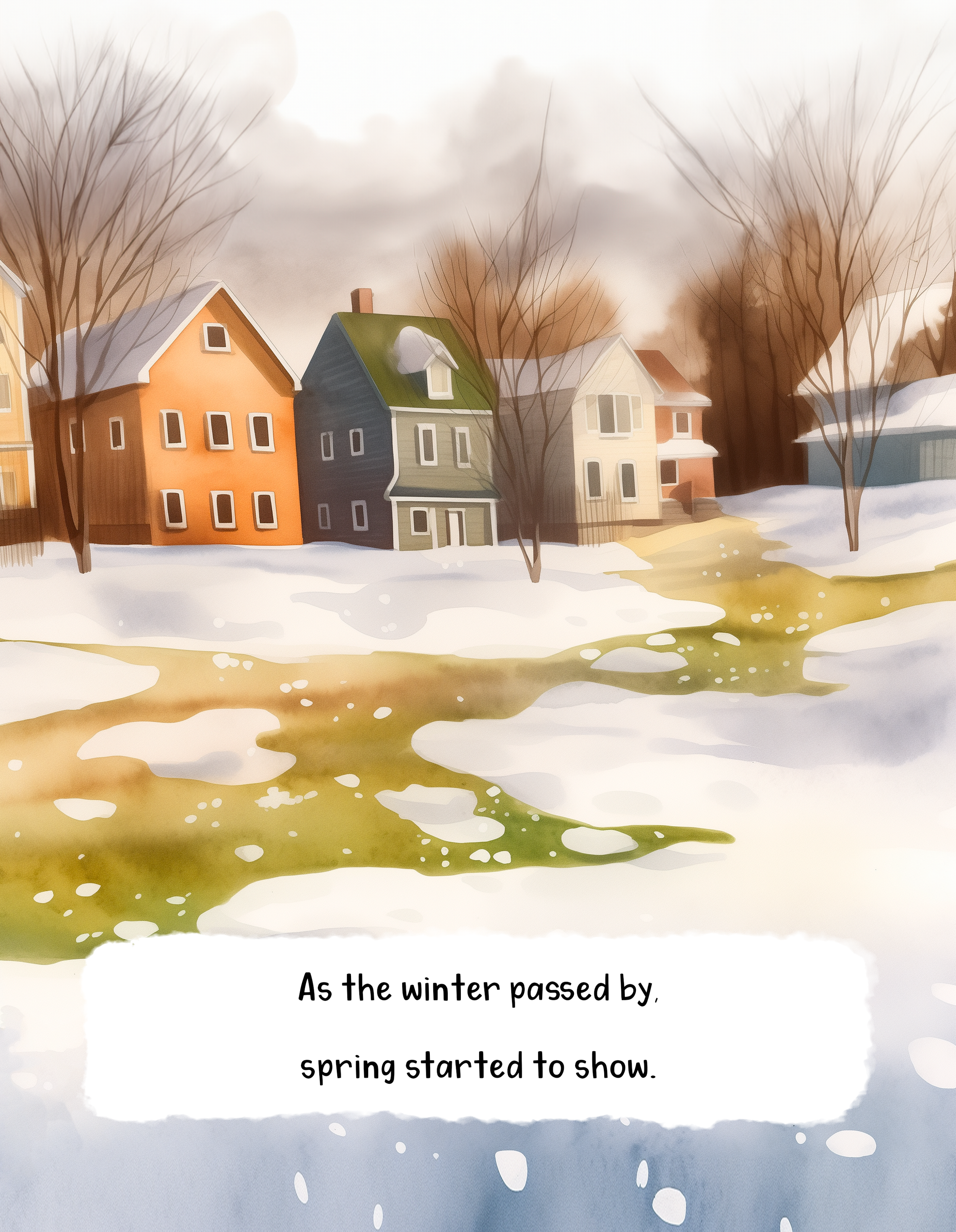 A watercolor-style painting of houses with trees and snow, depicting the transition from winter to spring.