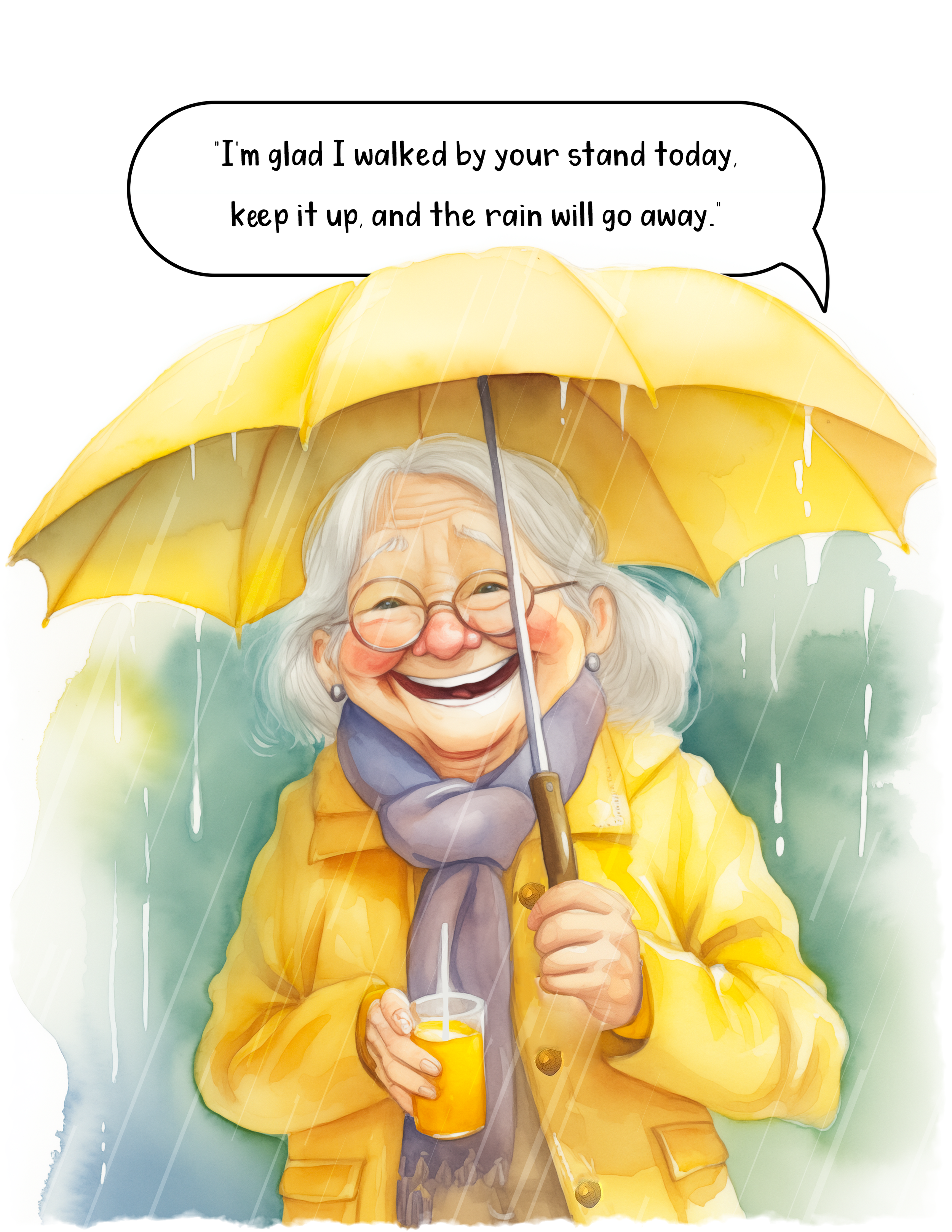 Illustration of an elderly woman with white hair, glasses, and a joyful expression, holding a yellow umbrella and a yellow cup with a lid during rainy weather, wearing a bright yellow raincoat and a gray scarf.