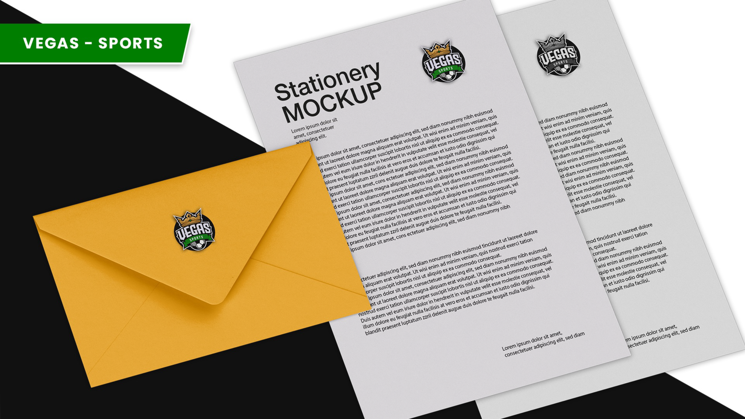 Mockup of stationery including letterhead and envelope with Vegas Sports logo, featuring black, white, green, and yellow colors.