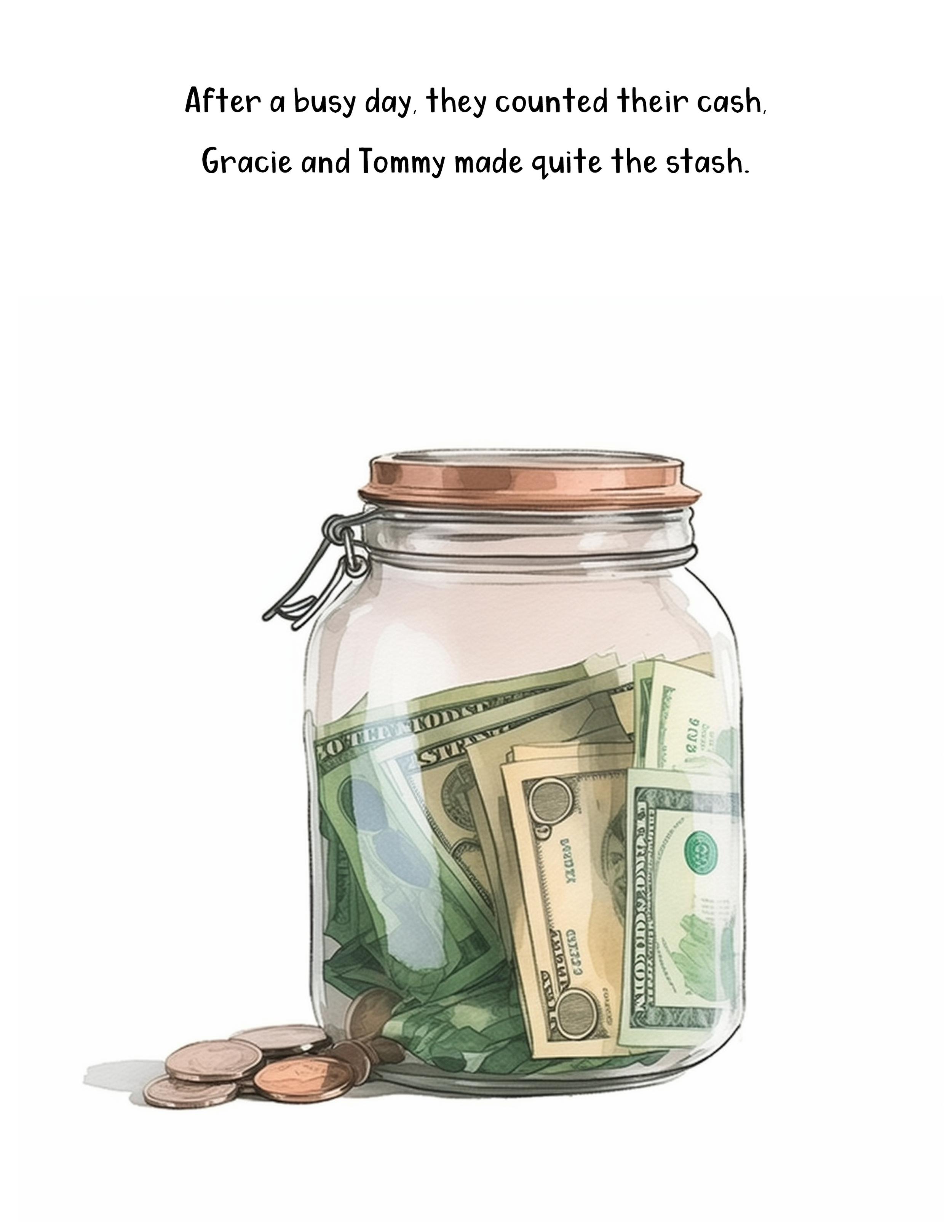Illustration of a glass jar filled with various U.S. dollar bills and coins, with some coins spilled on the surface next to the jar.