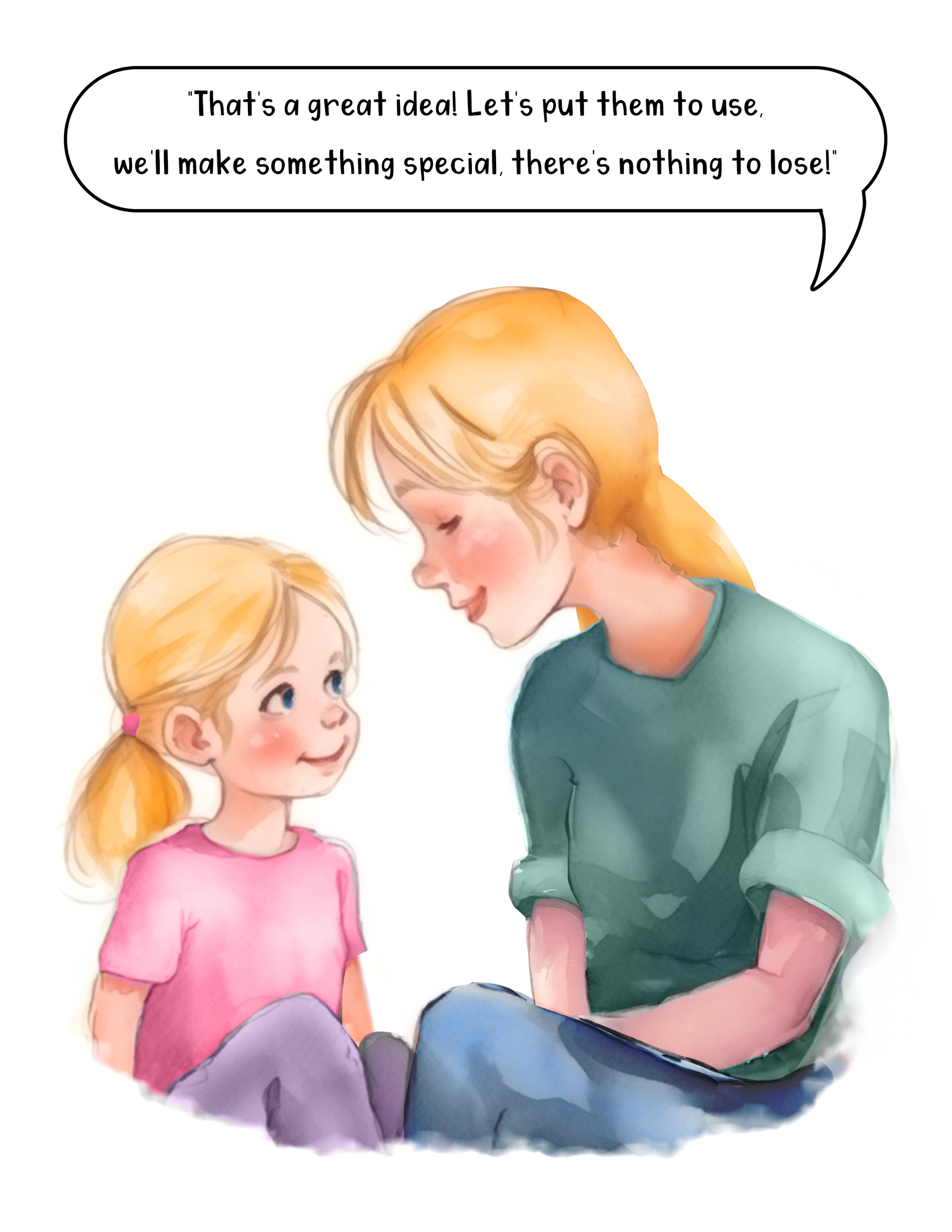 Illustration of a woman and a girl sitting on the floor, engaging in conversation. The woman has blonde hair, wears a green shirt, and is smiling. The girl has blonde hair tied with a pink hairband, wears a pink shirt, and is looking up at the woman.