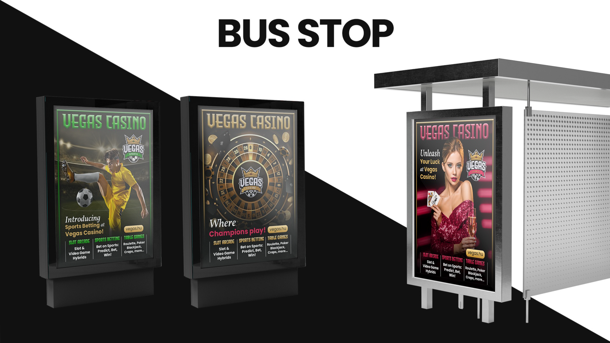 Billboards advertising Vegas Casino with sports betting, slot machines, and table games, including images of a soccer player, a roulette wheel, and a woman holding a glass of wine.