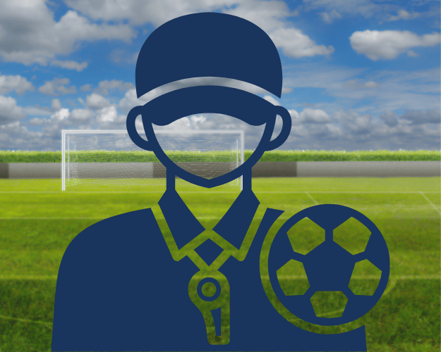 An icon of a soccer referee wearing a cap and face mask, holding a soccer ball, with a soccer goal and cloudy sky in the background.
