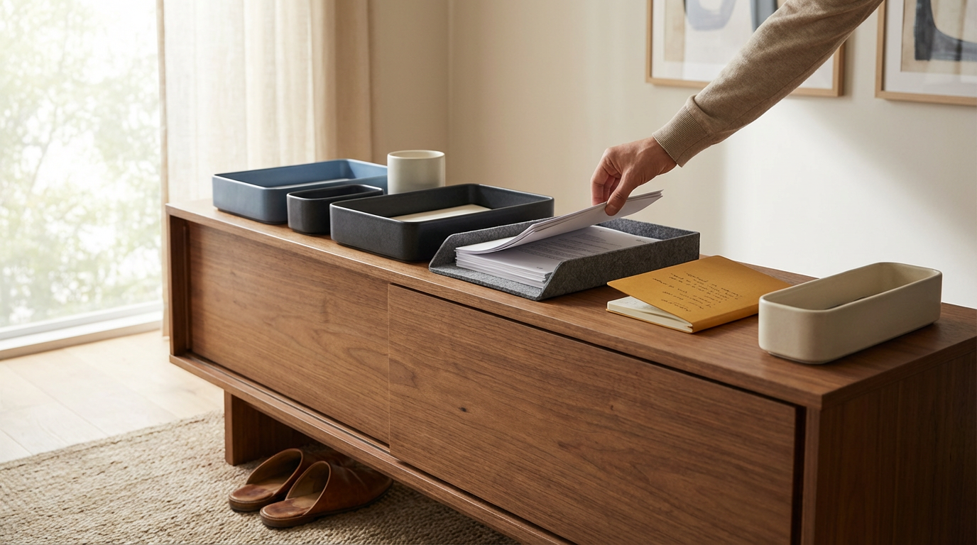 Person placing papers on a wooden sideboard with several empty and closed boxes, a pair of slippers underneath, and framed artwork on the wall