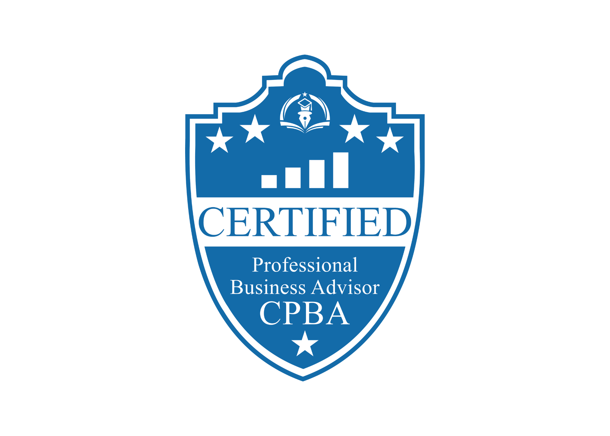 A badge with the words 'Certified Professional Business Advisor CPBA' and a graph icon, stars, and decorative lines in blue and black.