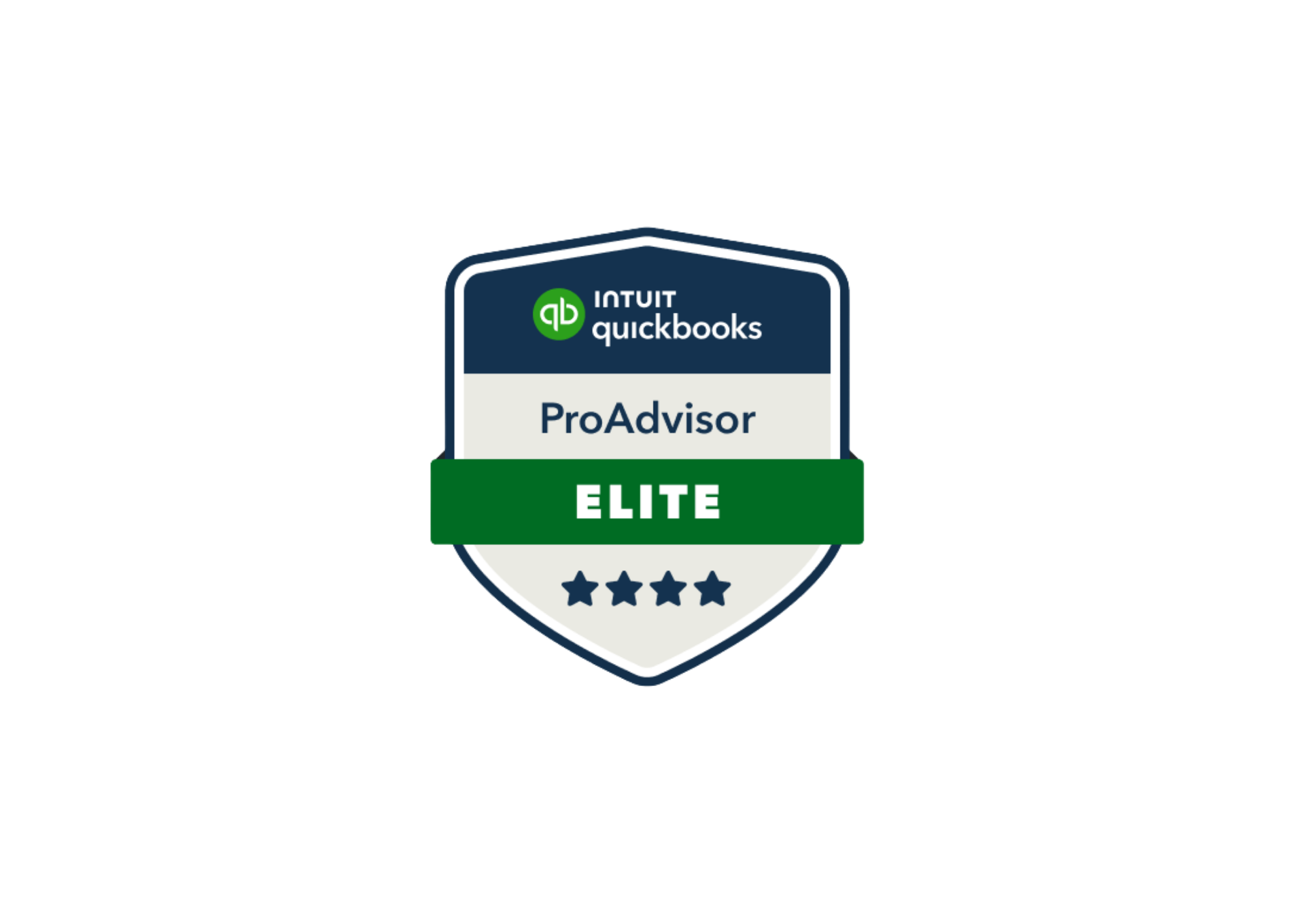 Badge with the QuickBooks logo, labeled 'ProAdvisor' and 'Elite' with four stars below.