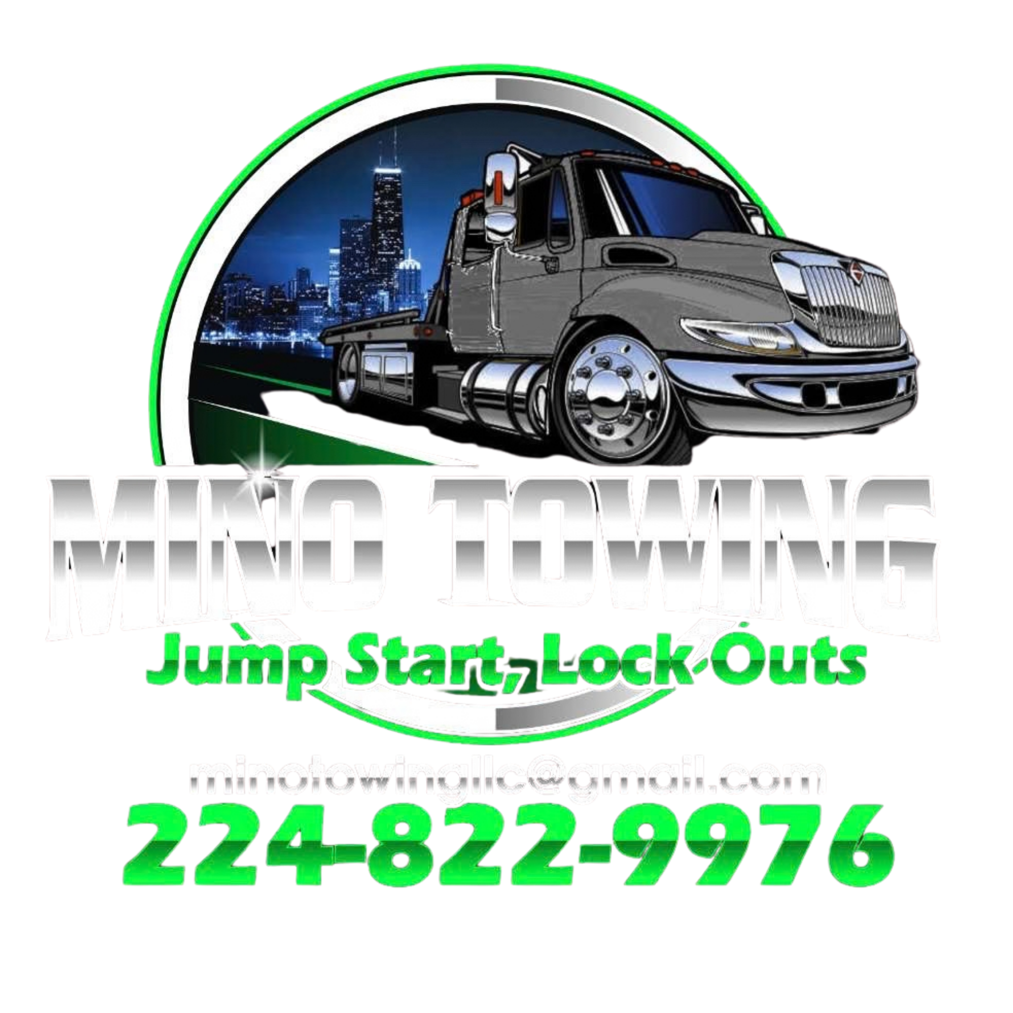 Logo for MiniTowBill.com featuring a cartoon tow truck with a cityscape background, and text promoting jump start and lockout services with a phone number.