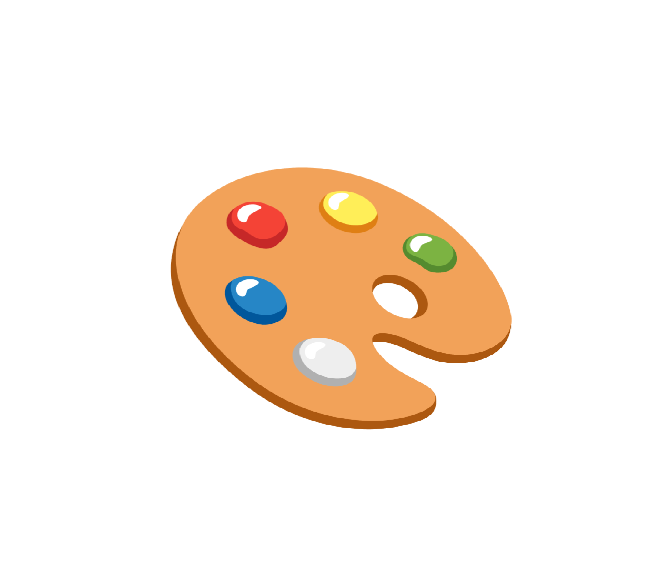 Digital illustration of a painter's palette with colorful paint blobs and a finger hole