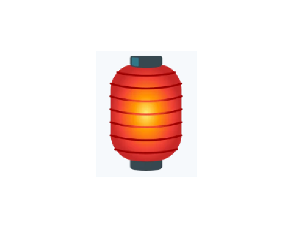 Red paper lantern with horizontal ribbing and a small blue top and dark gray bottom.