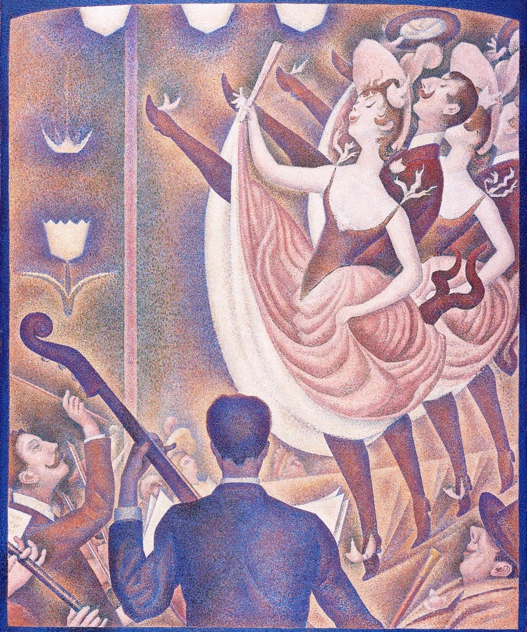 A colorful, vintage-style mural depicting a lively scene with people playing musical instruments and dancing, featuring two women in flowing dresses and men with instruments, set against a background with floating shapes and flowers.