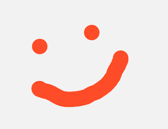 Orange smiley face composed of two dots and a curved line on a light gray background.