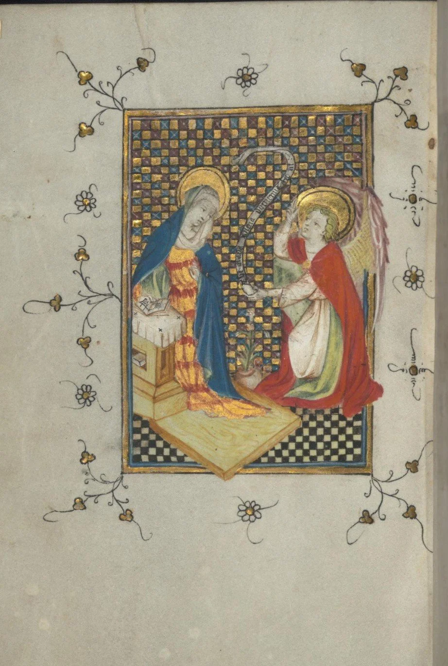 A religious manuscript illumination depicting the Annunciation, with the Angel Gabriel on the right presenting a staff to the Virgin Mary on the left, surrounded by decorative floral border.