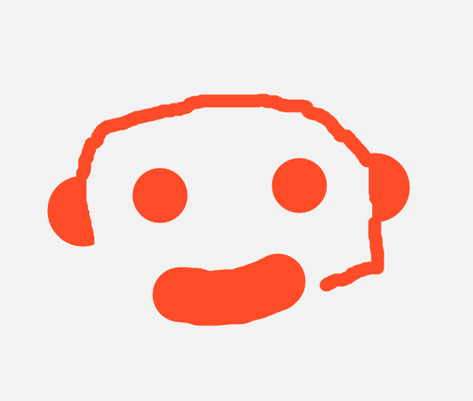 A simple, orange line drawing of a smiling face with two circular eyes, a curved mouth, and headphones.