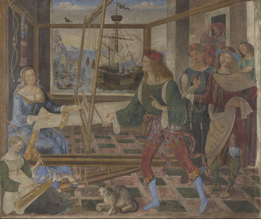 A renaissance painting depicting a woman at an easel painting a ship scene, with a group of people gathered around her, including a man with a sword, a woman playing a musical instrument, and a cat on the floor.