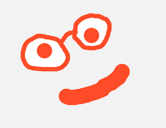 Simple orange drawing of a smiling face with two eyes, glasses and a curved mouth on a light background.