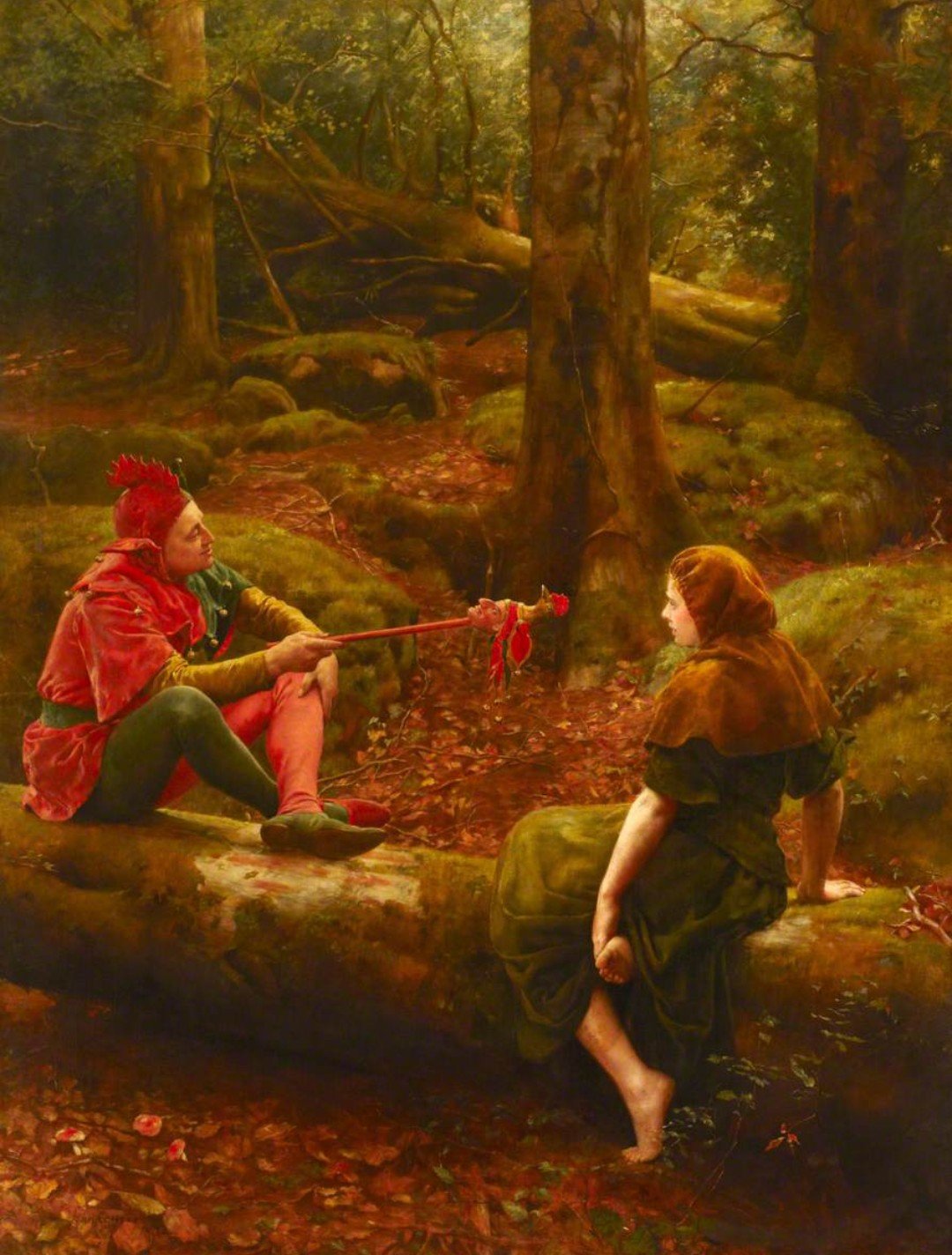 A painted scene in a forest with two people sitting on a fallen log. One person dressed as a clown or jester in bright colors, holding a stick with a stuffed animal at the end. The other person is a woman with red hair, dressed in dark clothing, sitting barefoot on the log.