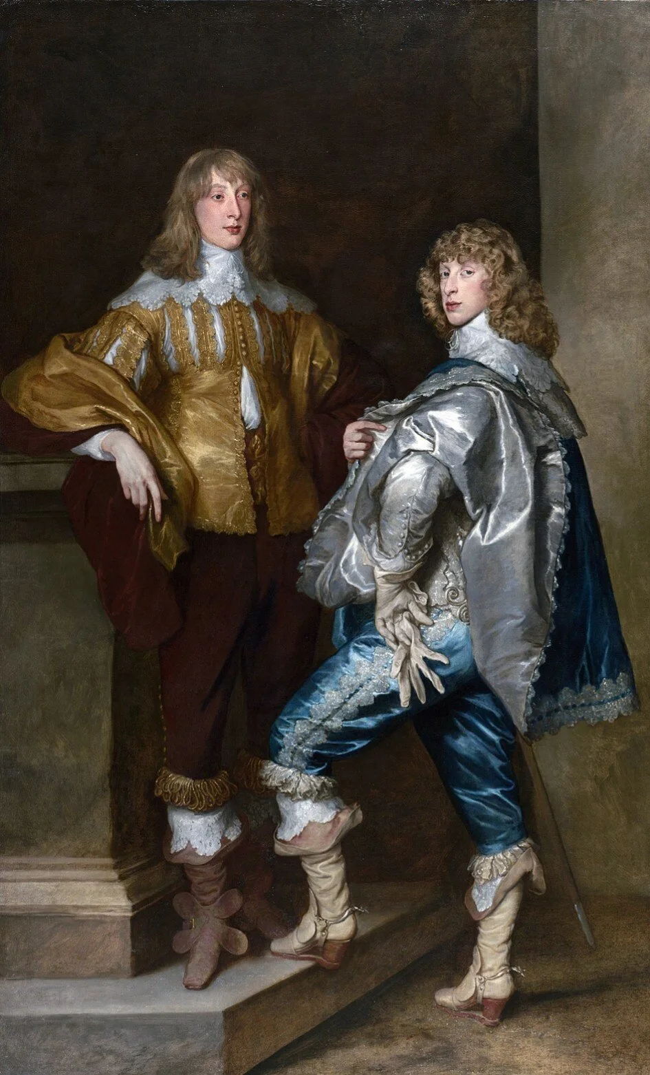 Painting of two men dressed in 17th-century European clothing with ornate detailing, standing indoors with a dark background.