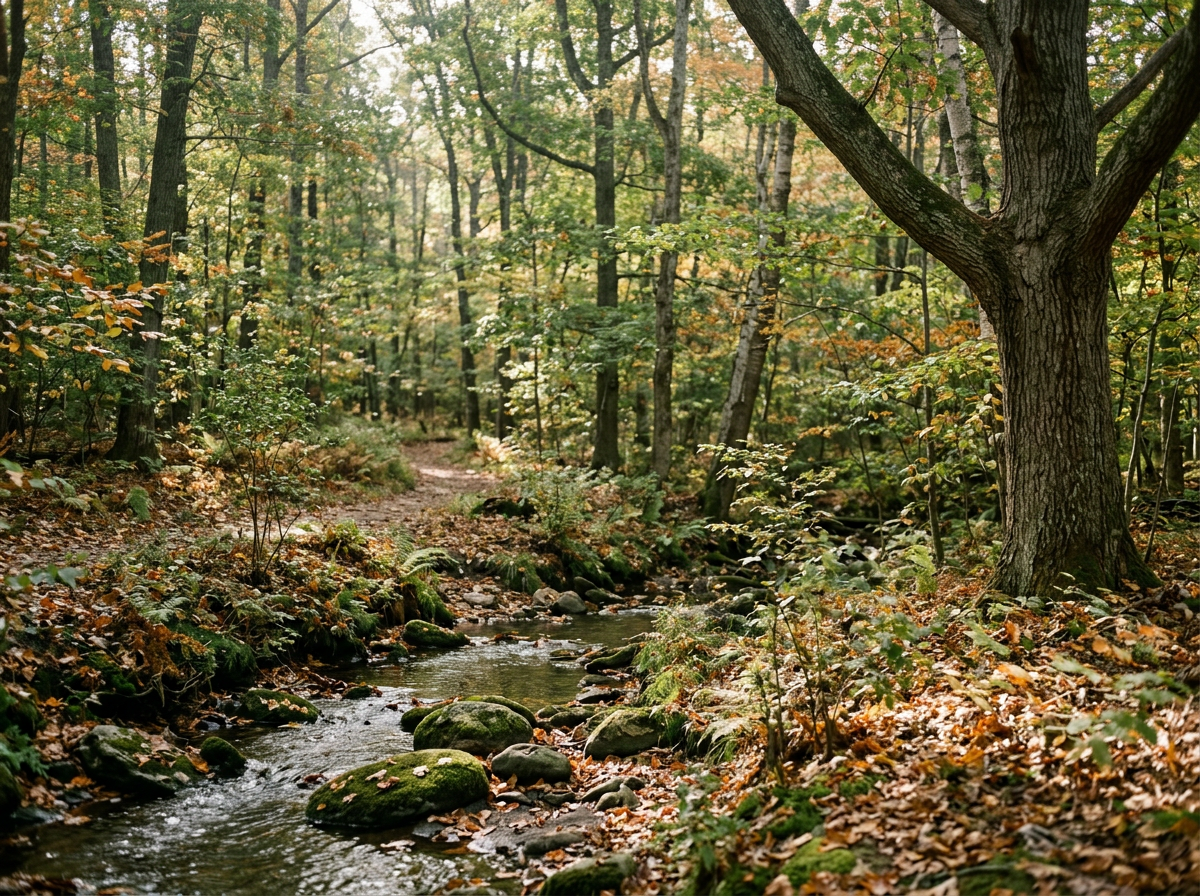 A forest scene with a small stream running through it, surrounded by trees with autumn-colored leaves and moss-covered rocks.