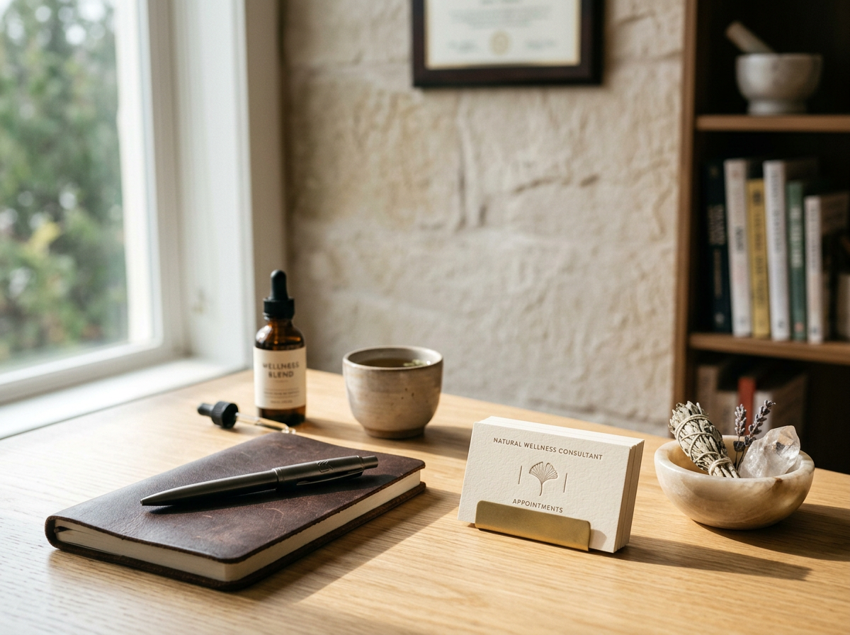 Desk with business card holder, business card for natural wellness consultant, notebook, pen, small bowl with crystals and herbs, cup, and dropper bottle on a wooden table near a window.
