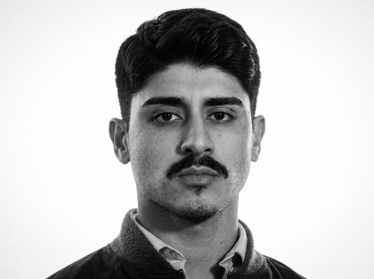 Black and white portrait of a young man with dark hair, a mustache, and a goatee, wearing a collared shirt and a jacket, looking directly at the camera.