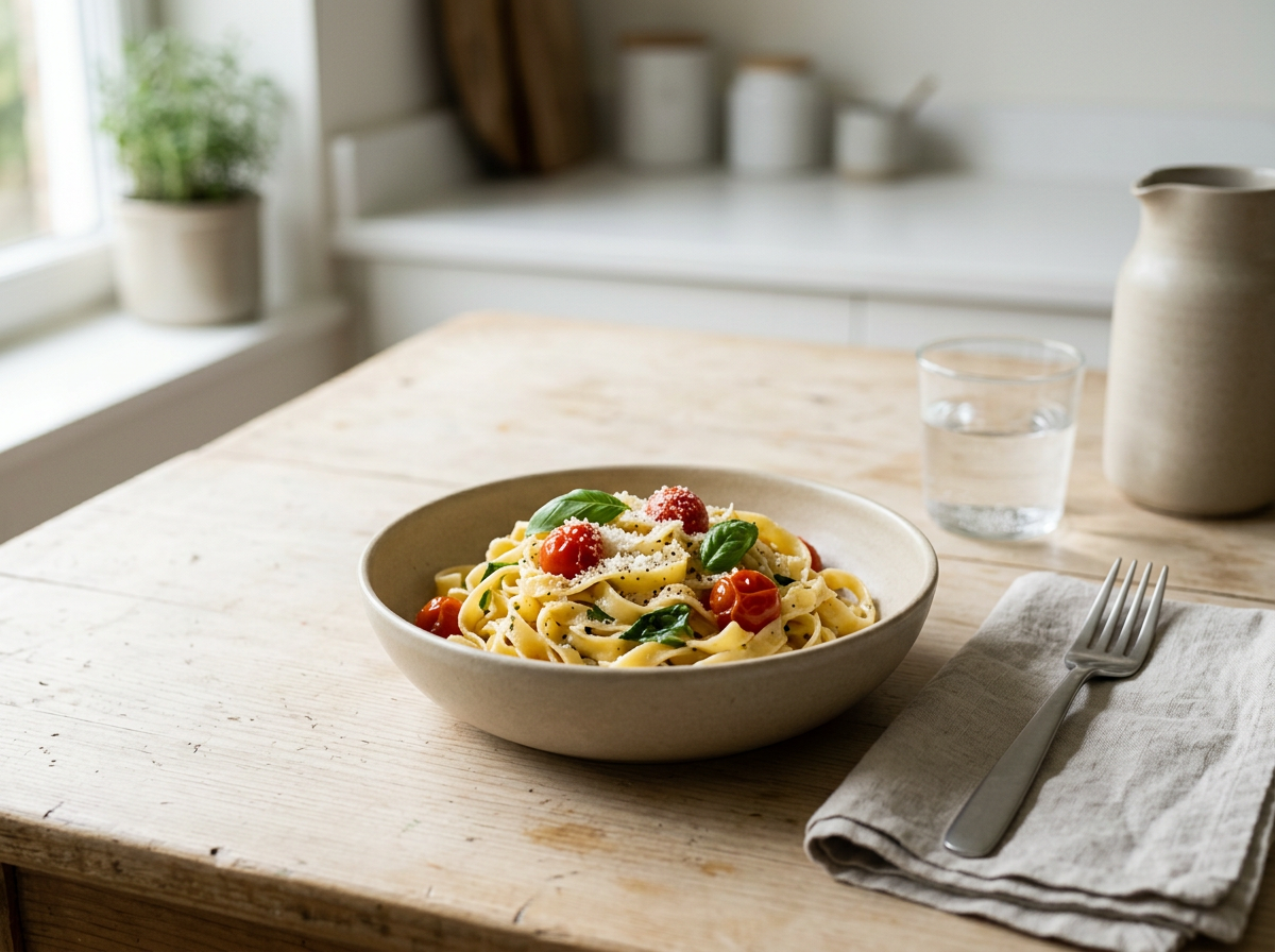 Piatti di pasta con pomodorini e basilico su un tavolo di legno, con bicchiere d'acqua, tovagliolo e posate.