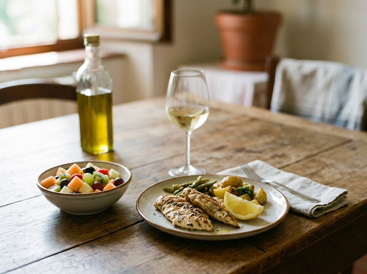 Pastel con pesce, insalata e limone, bicchiere di vino bianco, ciotola di frutta fresca, bottiglia di olio d'oliva su tavolo di legno in una stanza ben illuminata.