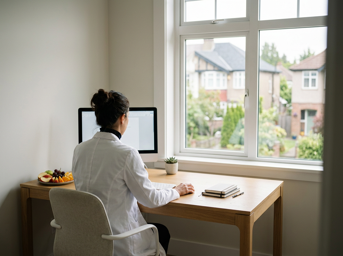 Donna con divisa medica seduta a una scrivania davanti a un computer vicino a una finestra, con frutta e un fiore decorativo sulla scrivania.