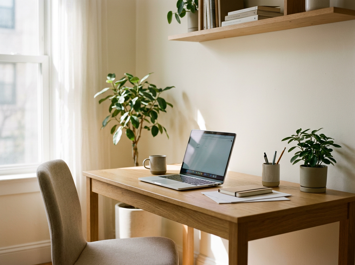 Scrivania in legno con laptop, tazza, quaderno, penne, piante in vasi e mensola con libri, in una stanza luminosa con finestra.