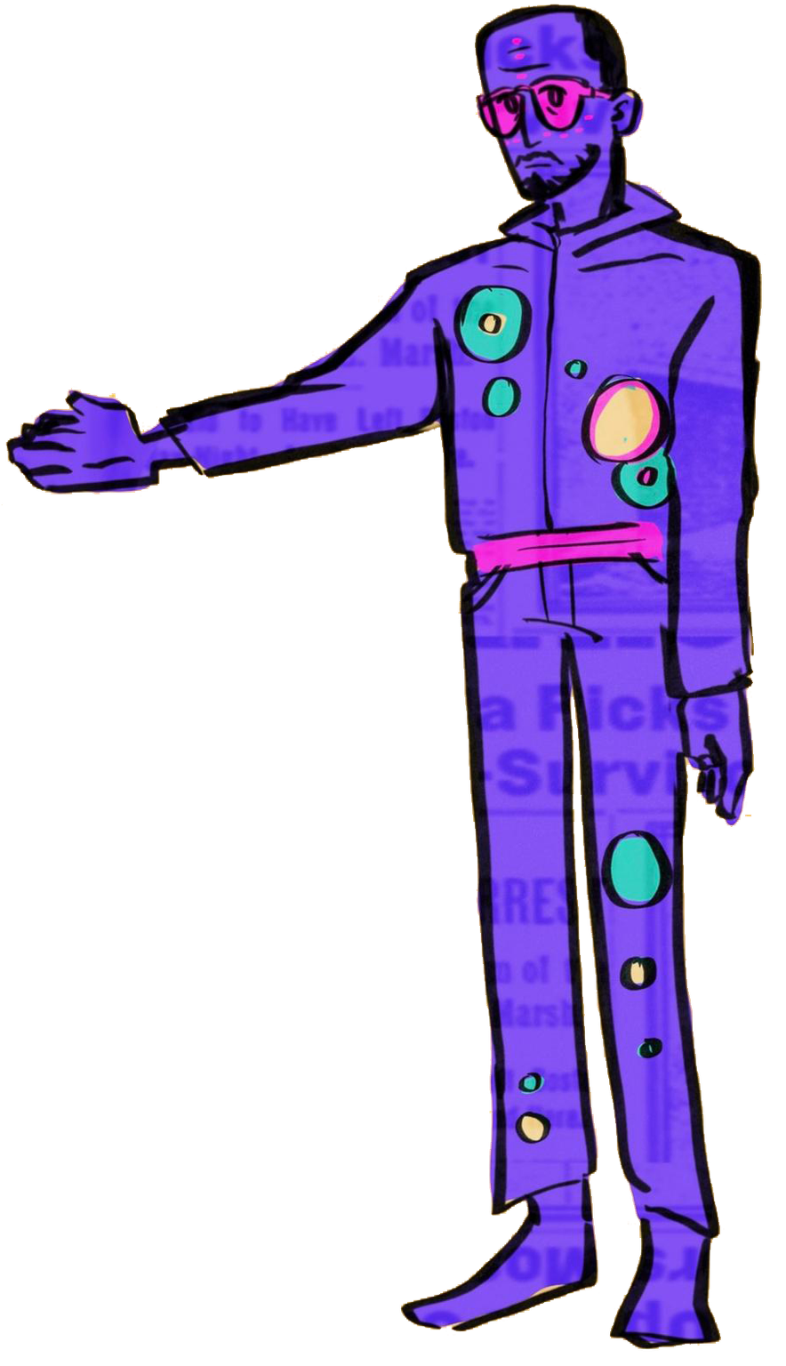 Colorful cartoon illustration of a man with glasses, a beard, wearing a purple hoodie and matching pants with various colored circles, standing with one arm extended.